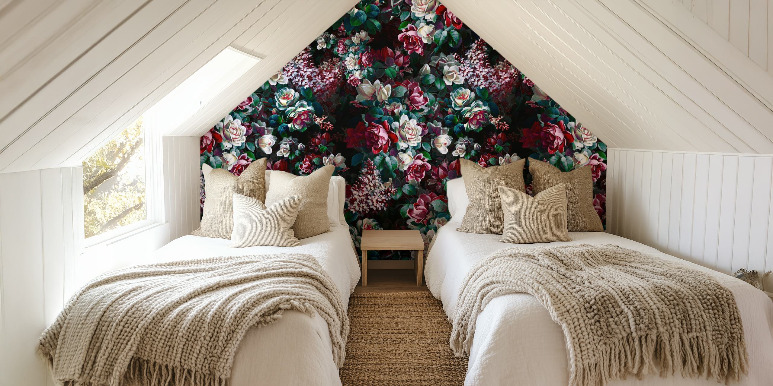 Vibrant floral patterns in deep reds and greens wallpaper