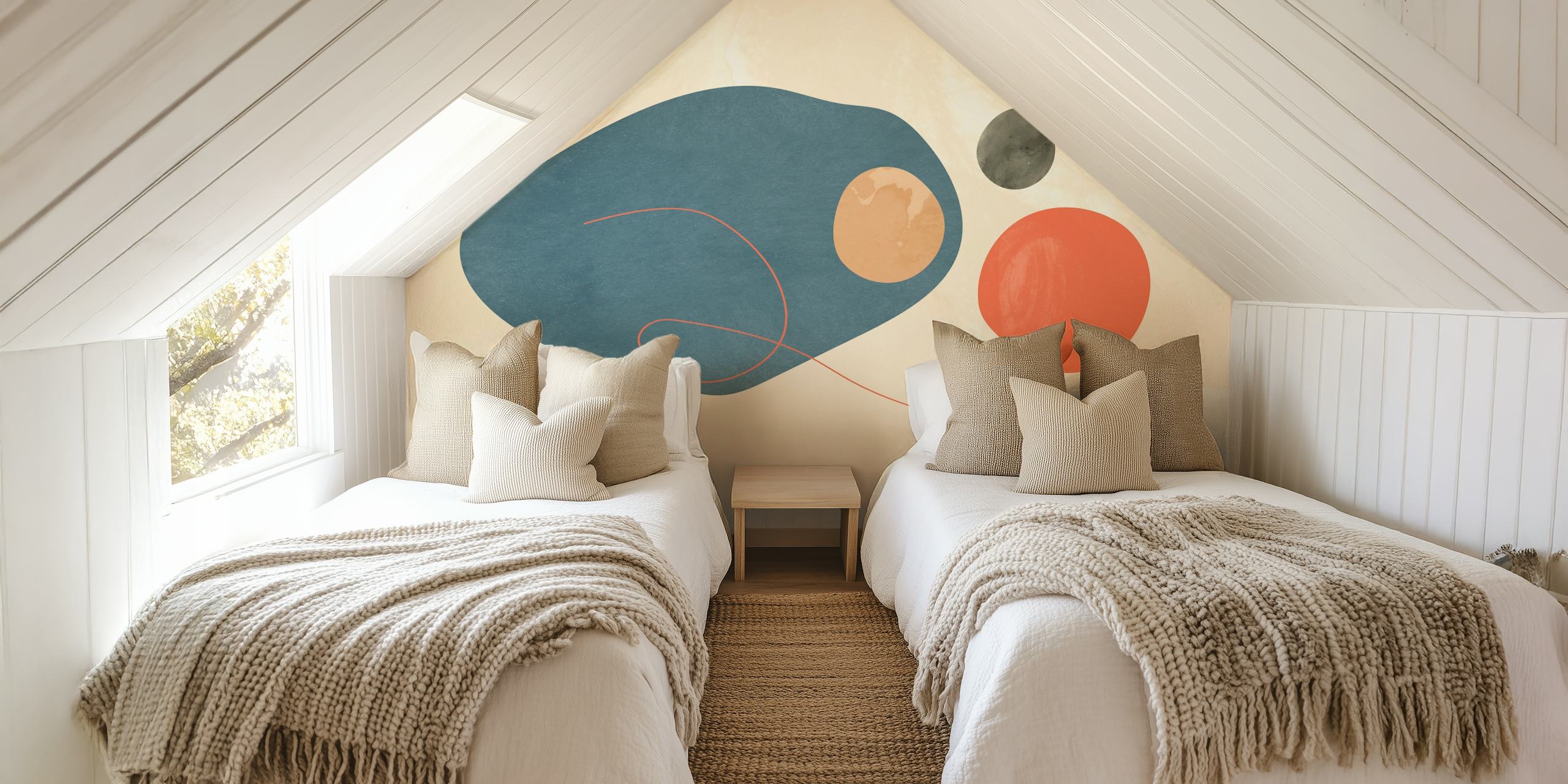 Mid century abstract wallpaper featuring coral and blue shapes with line details