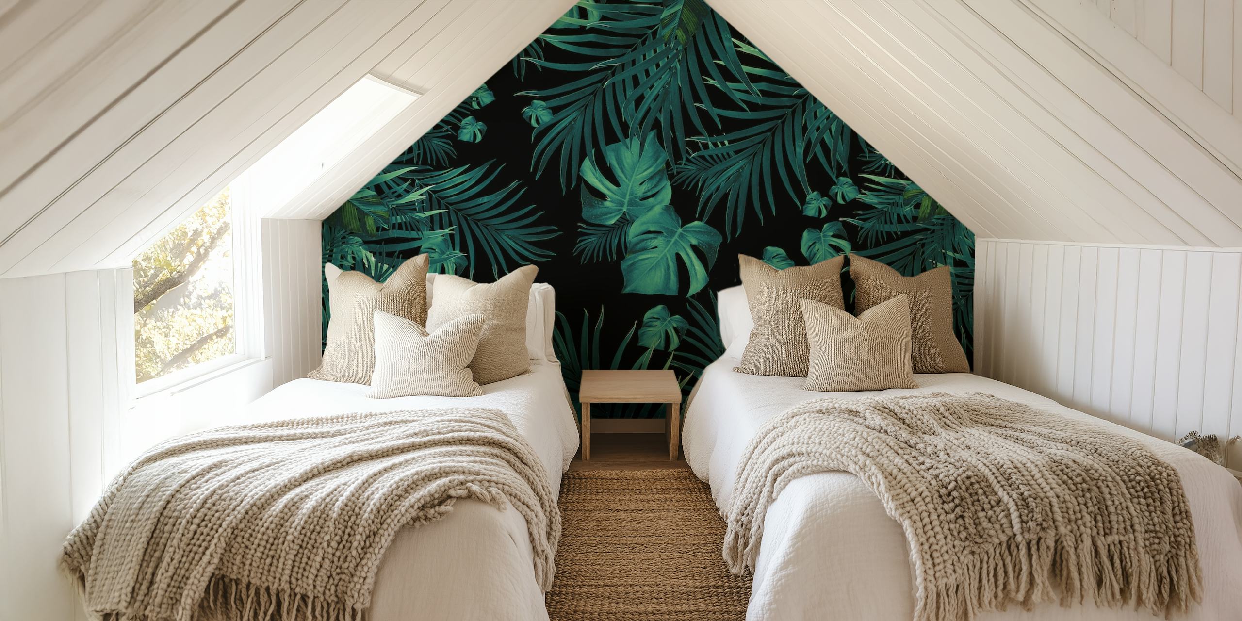 Lush tropical leaves wall mural in dark green hues for a night jungle ambience.