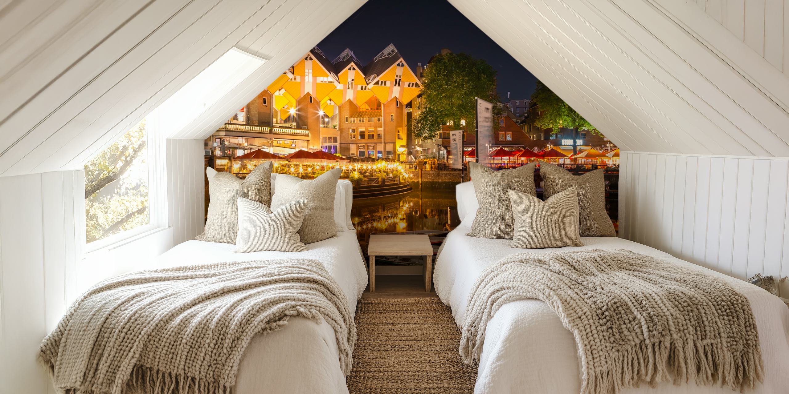 Rotterdam Oude Haven wall mural showing the Cube Houses and marina at night with illuminated market lights