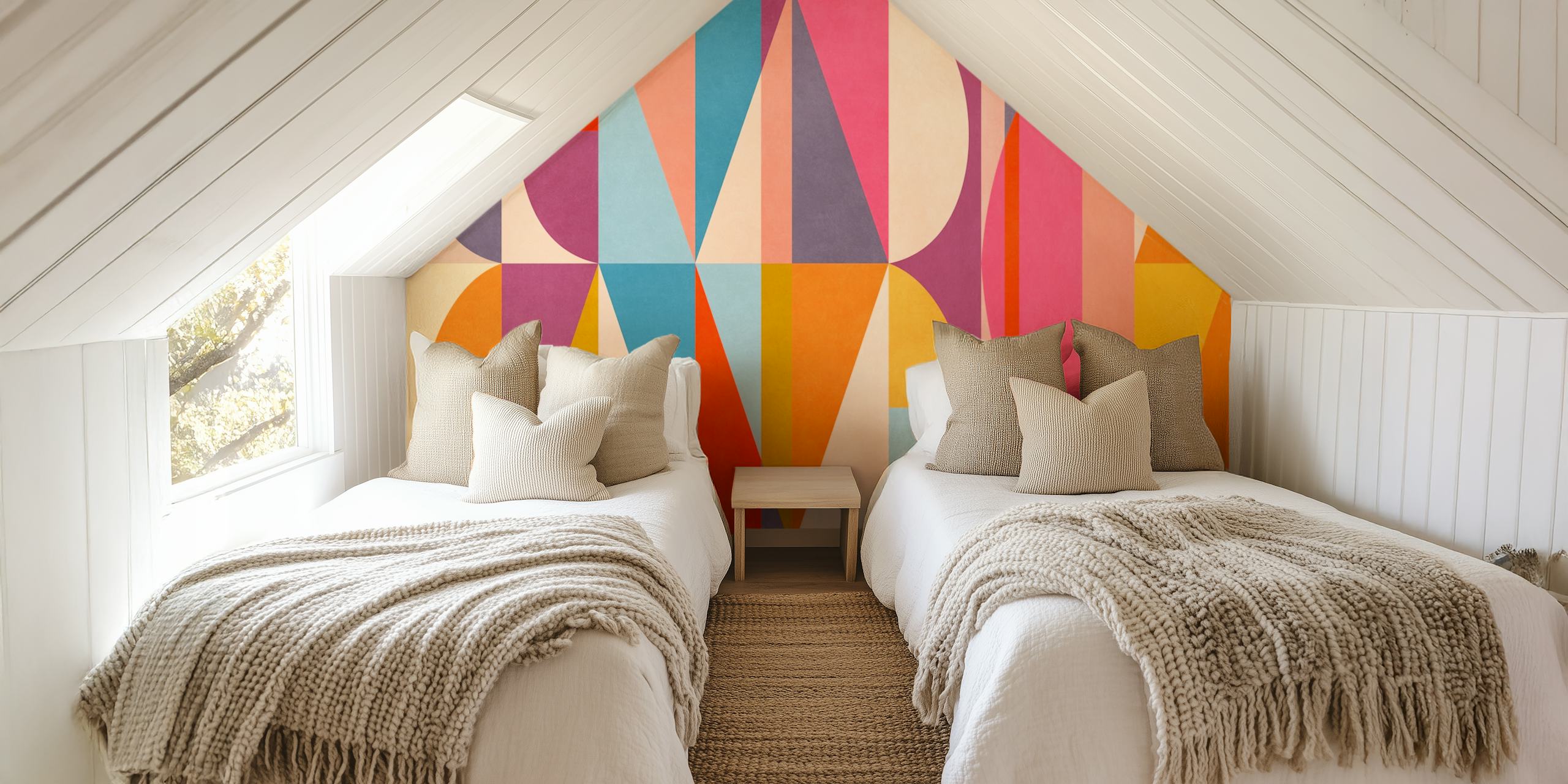 Colorful geometric shapes in pink, blue, yellow, and orange wallpaper