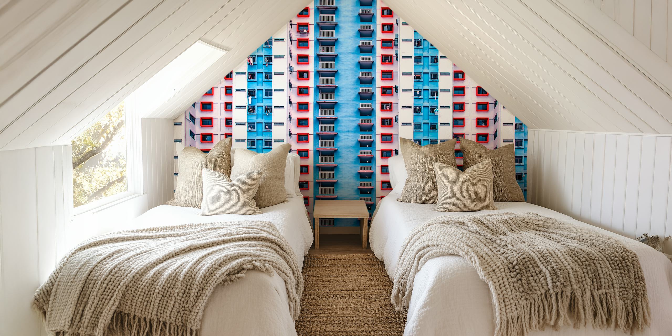 Geometric blue and red design wallpaper featuring architectural patterns.