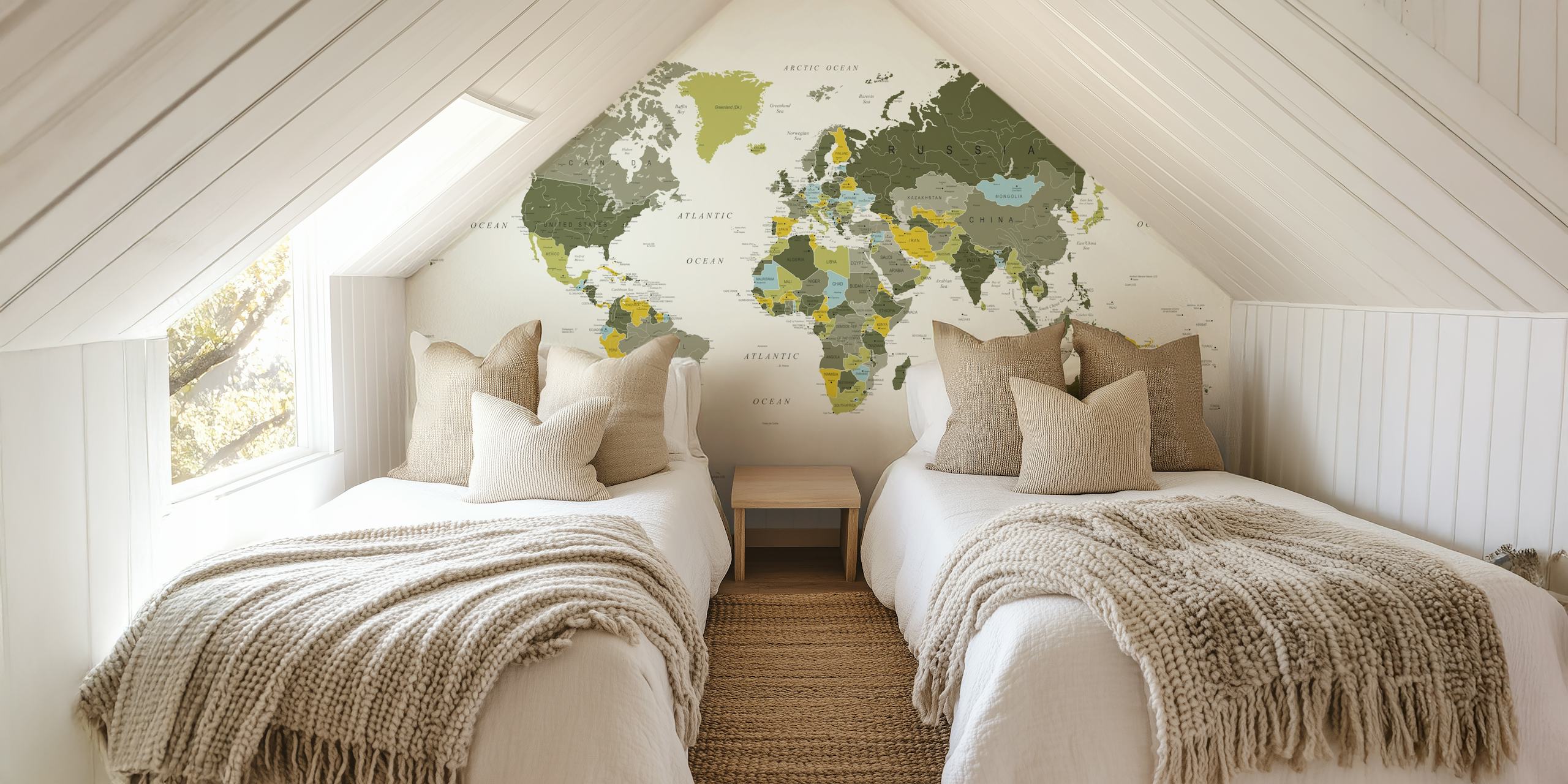 World map illustration in khaki green tones wallpaper
