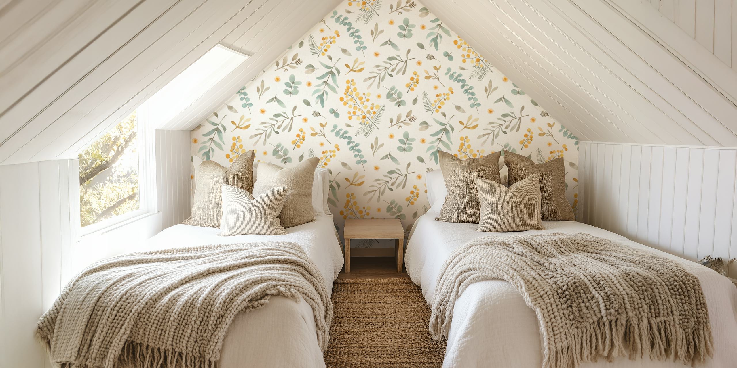 Eucalyptus en gele bloemen met groene bladeren wandbehang