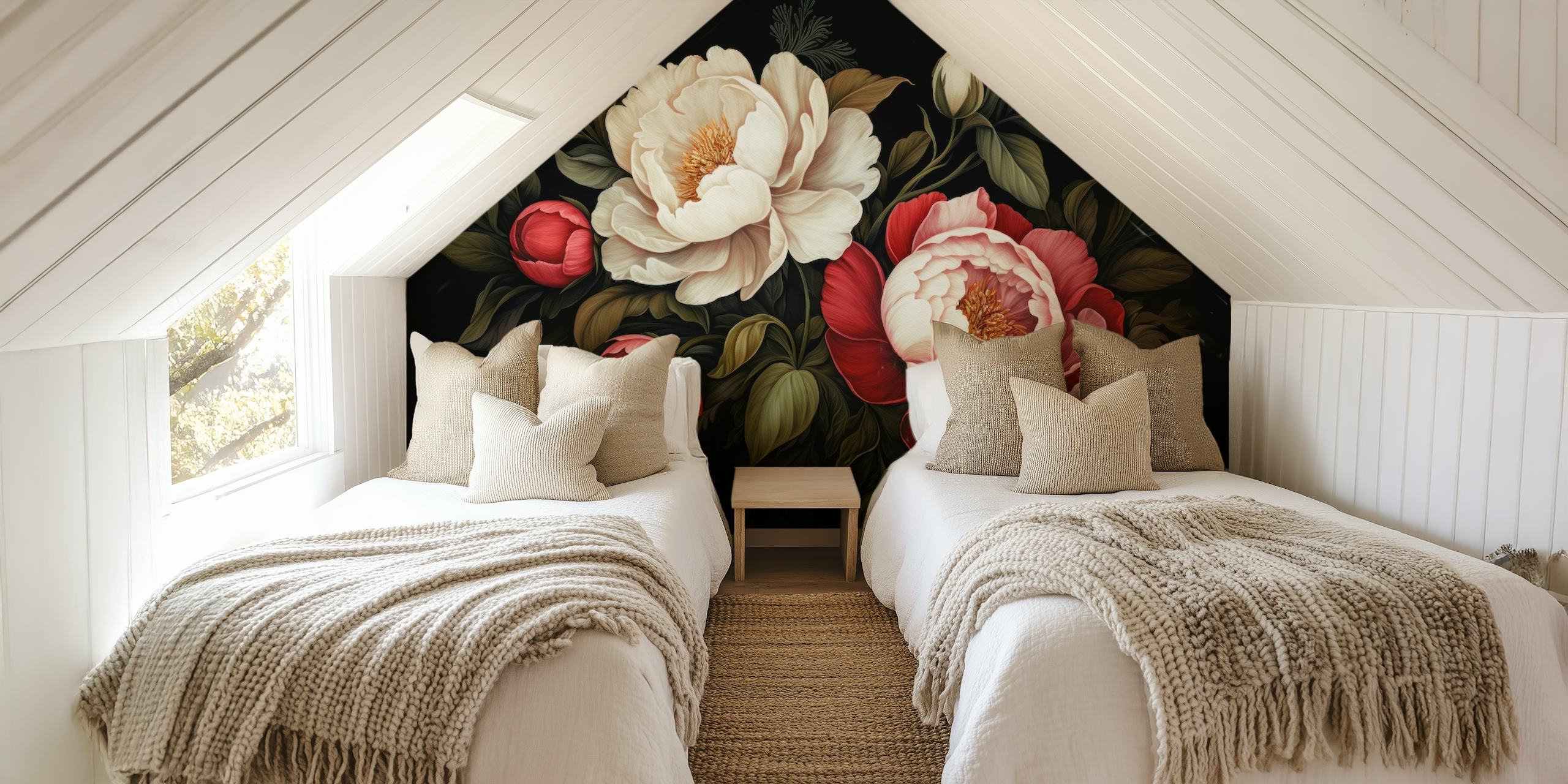 Red Baroque Opulent Moody Night Peonies wallpaper