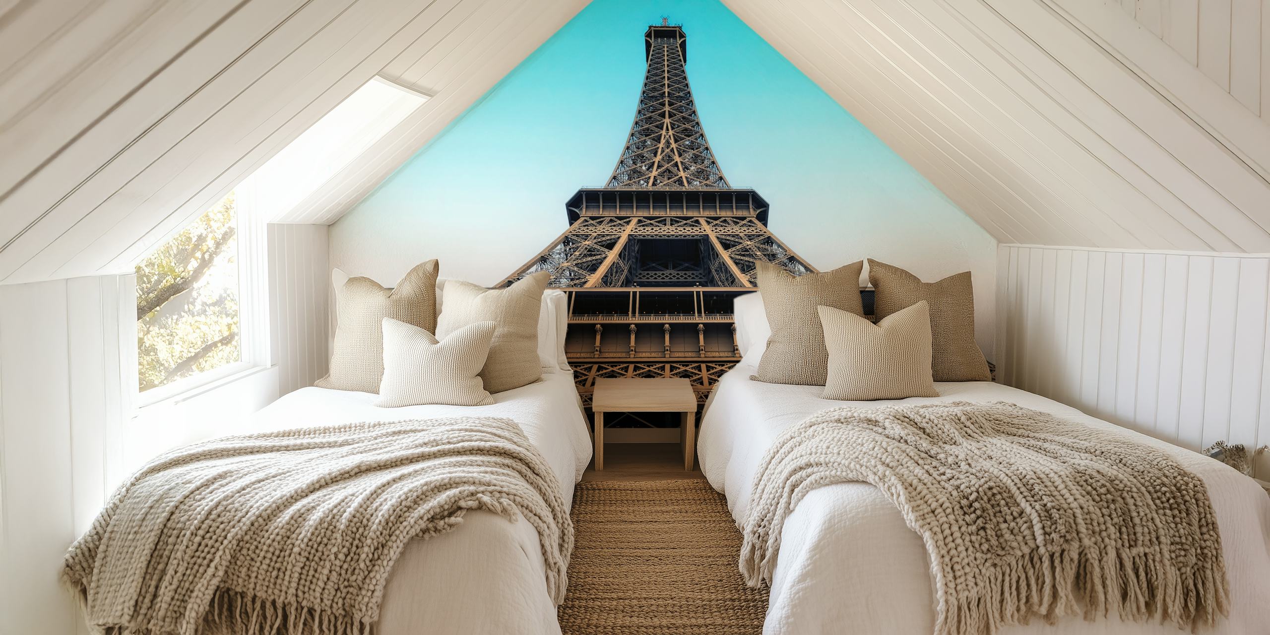 Eiffel Tower wall mural with clear blue skies