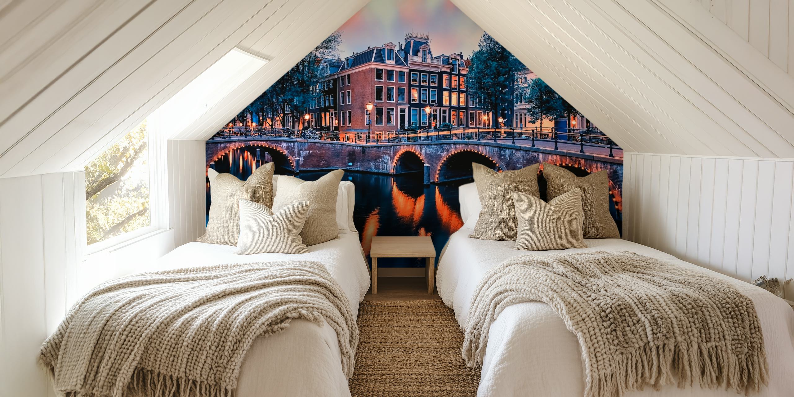 Fotomurale sulle case sui canali e sul ponte di Amsterdam al tramonto