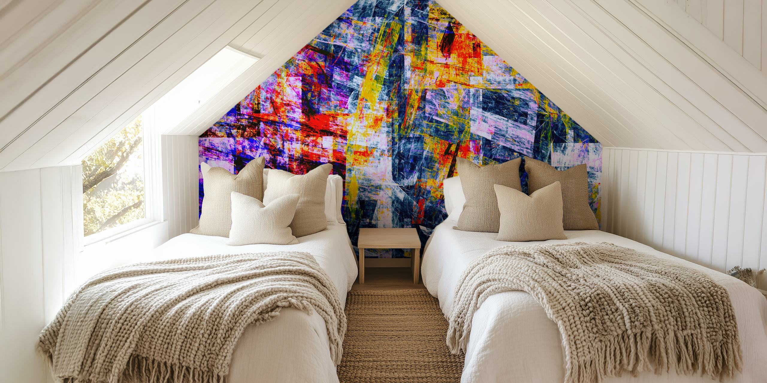 Colorful geometric abstract shapes in red, blue, yellow wallpaper