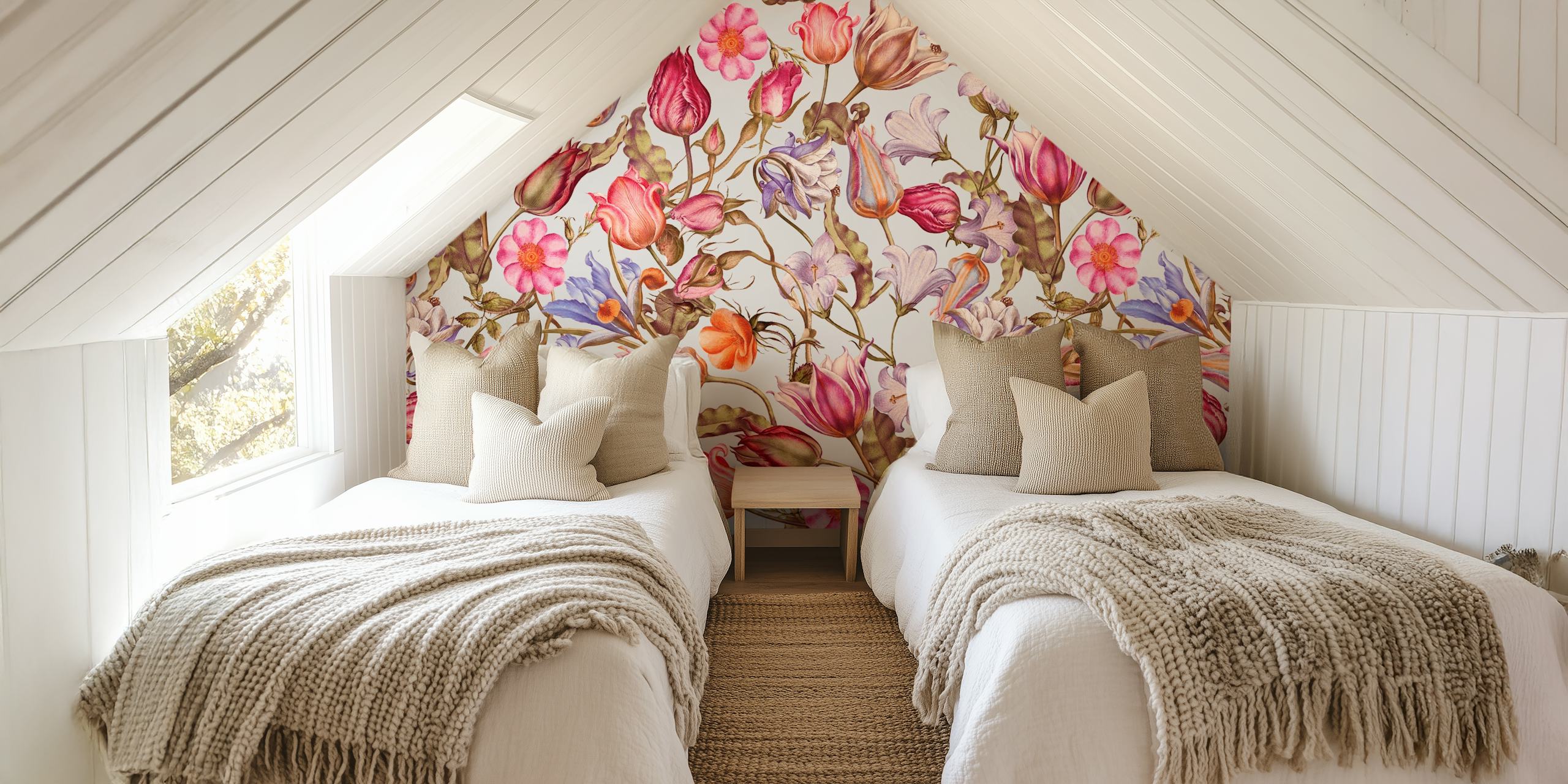 Floral wall mural with summer garden flowers in shades of pink, orange, and purple