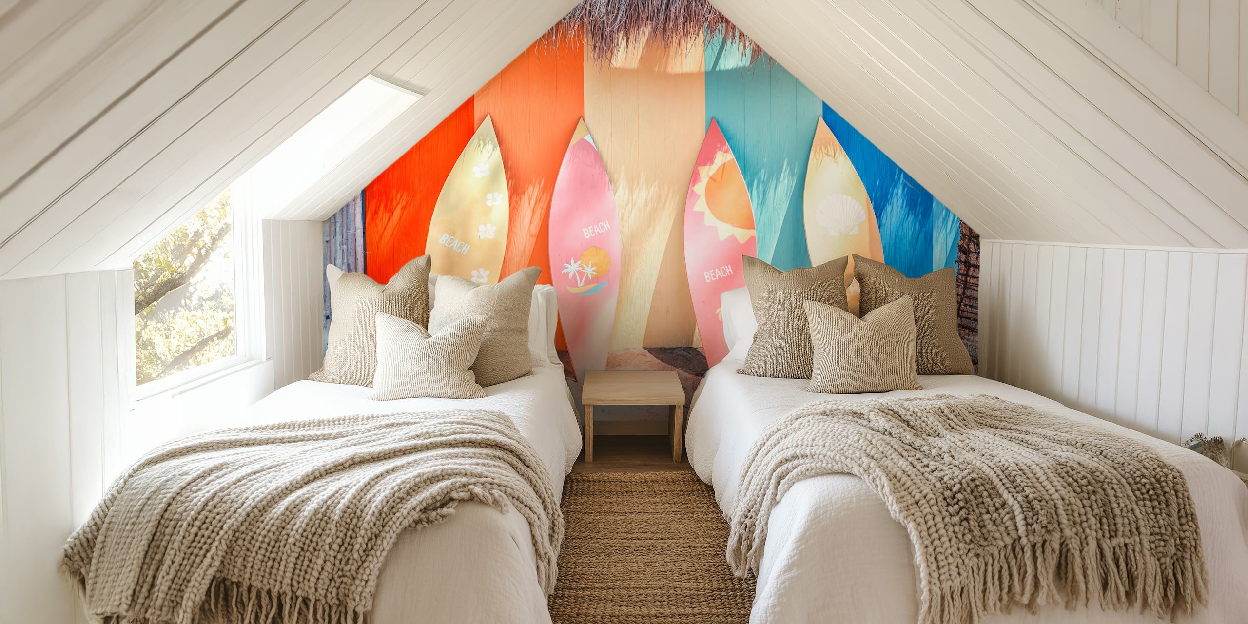 Bunte Surfbrett Tapete mit verschiedenen Stränden, orange, pink und blau, sommerlicher Stil