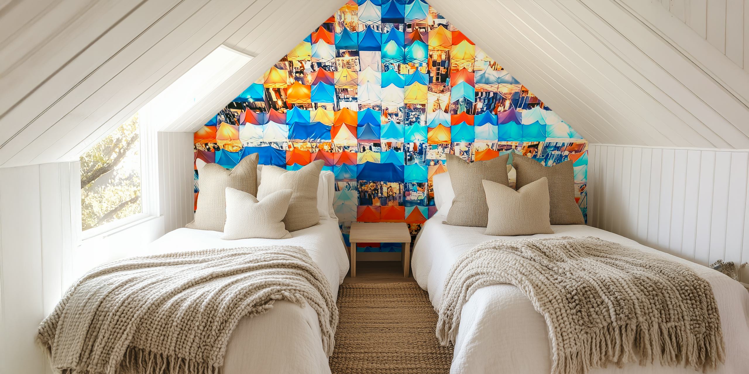 Colorful market tents in blue, orange, and white wallpaper