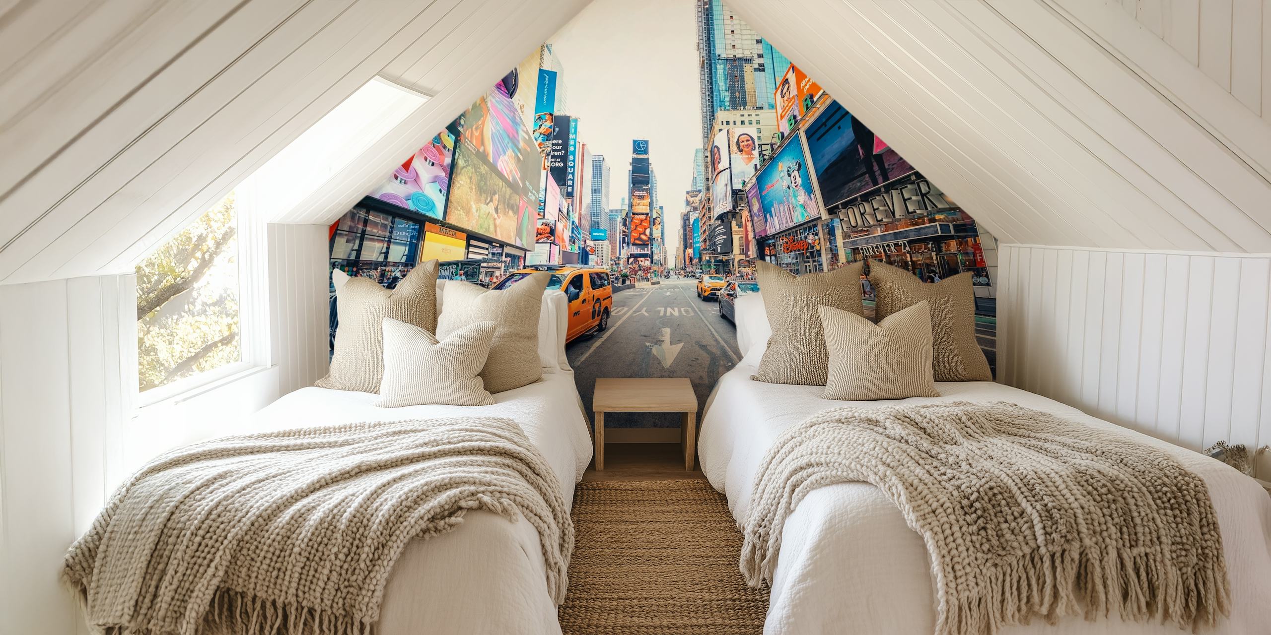 Times Square-vægmaleri, der viser det travle byliv med taxaer og billboards.