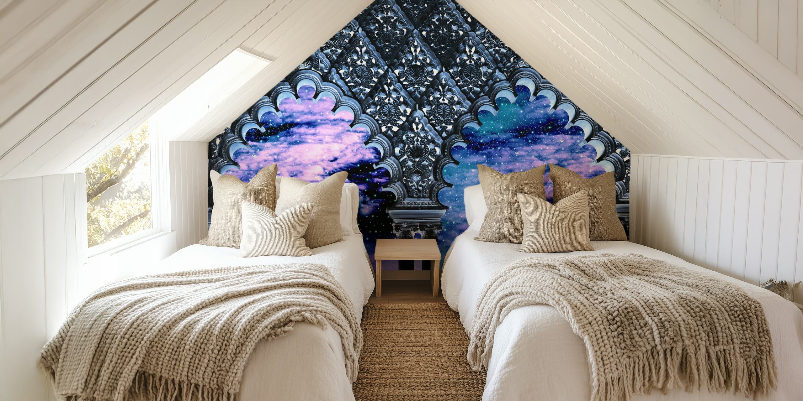 Purple and blue nebula clouds framed by ornate arches wallpaper