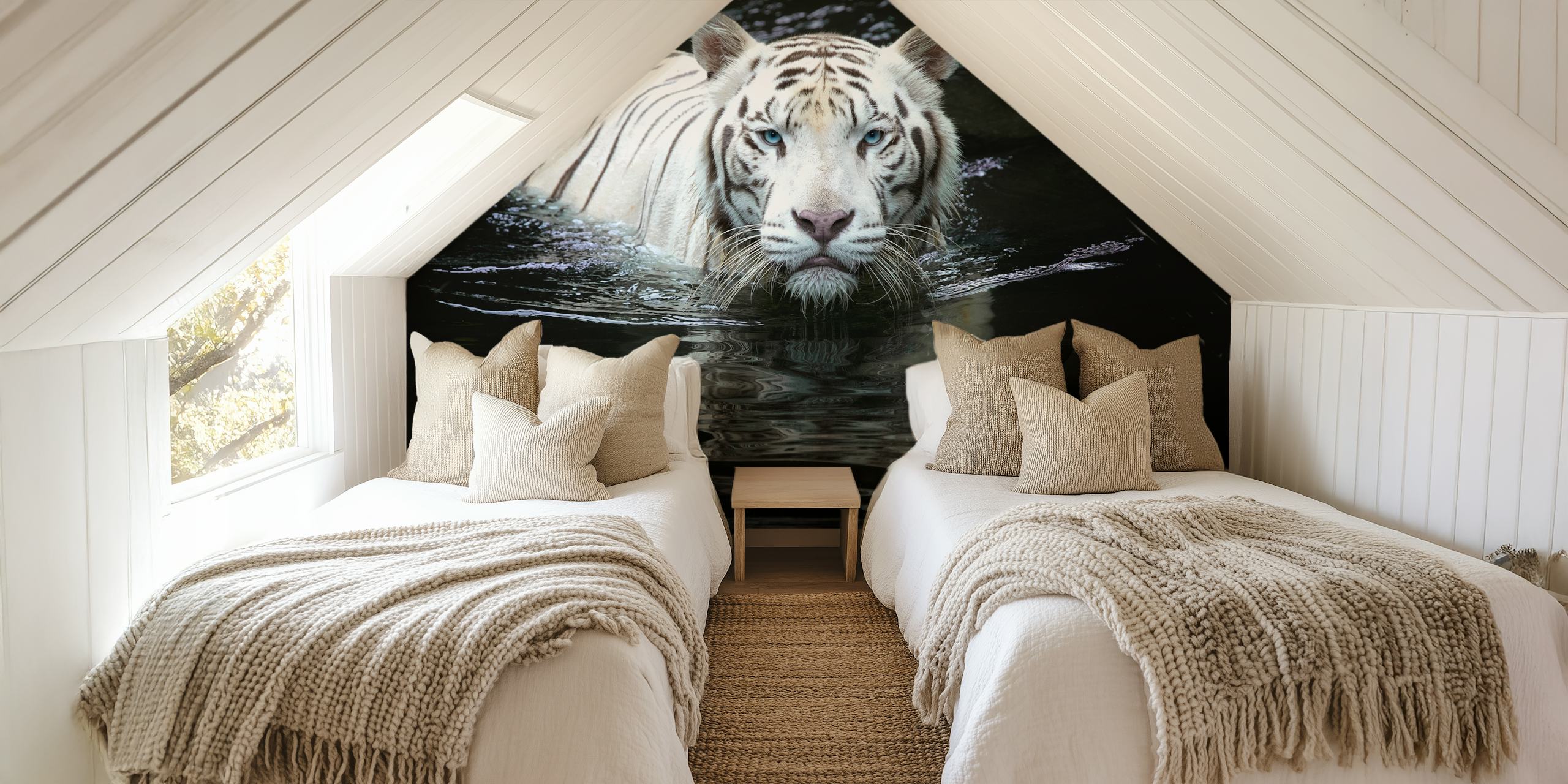 White tiger wallpaper in a modern room