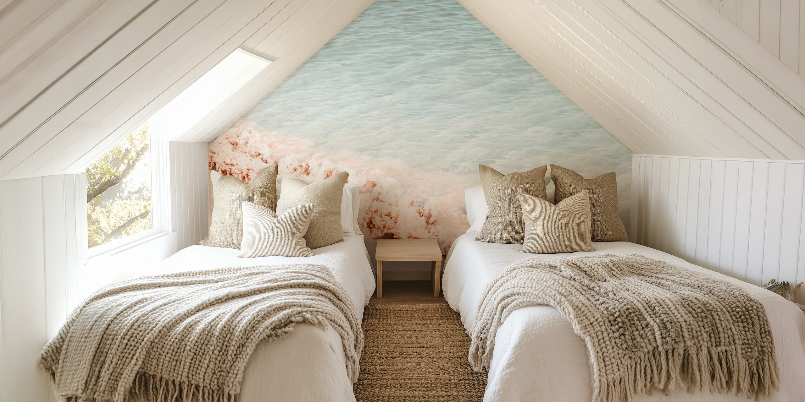 Coastal beach wallpaper showing gentle ocean waves in soft blues and sandy tones