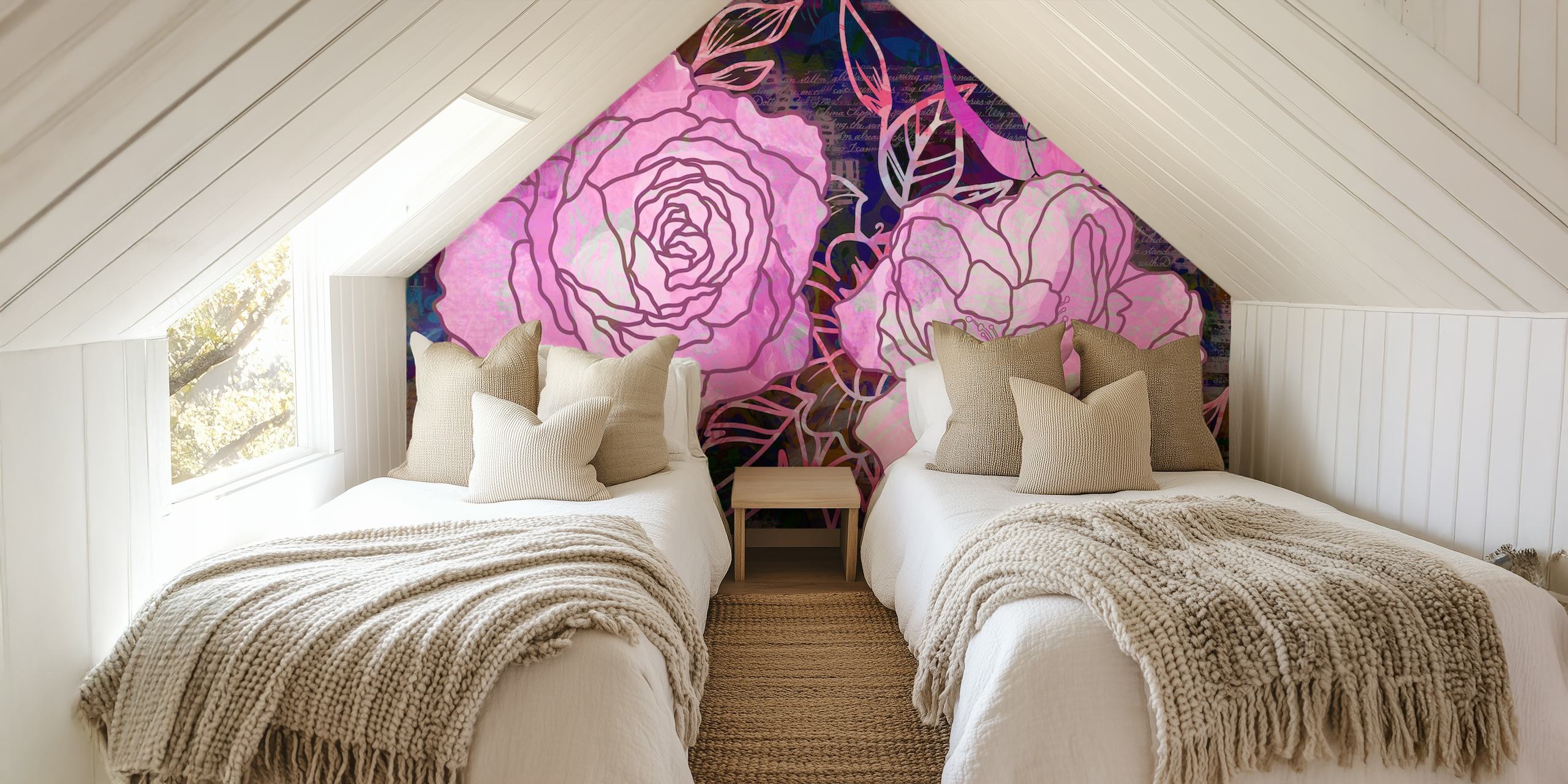 Mixed Media Magical Pink Roses mural with pastel colors on textured background