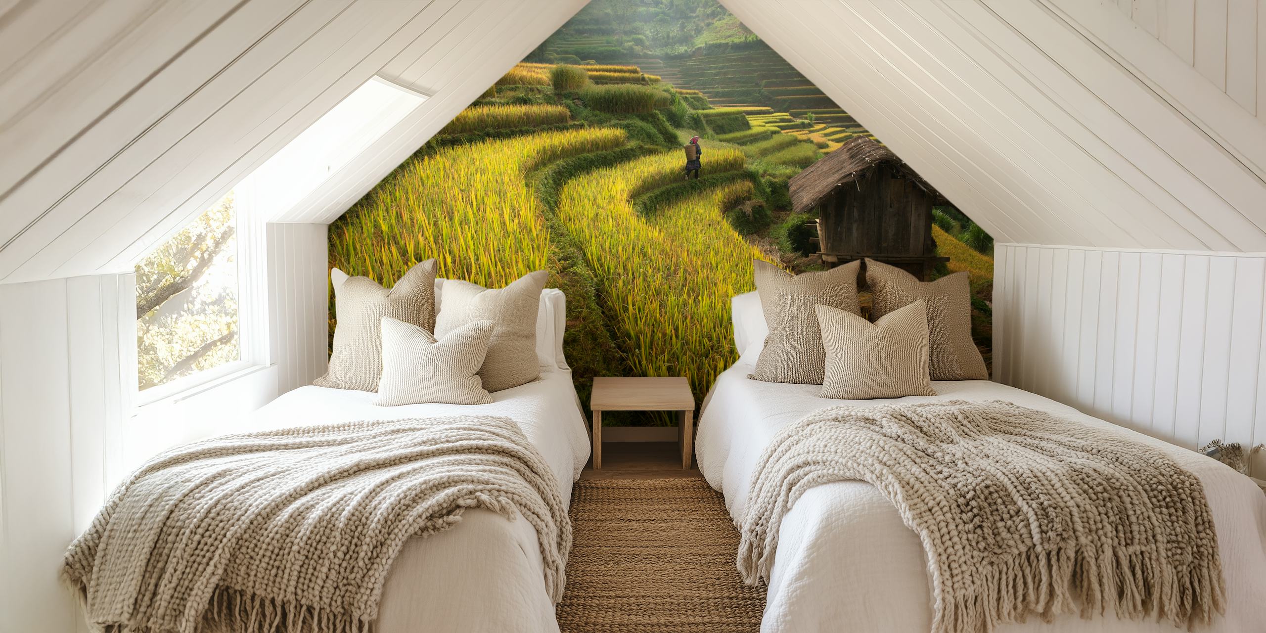 Lush green rice fields with a farmer and rustic hut wallpaper