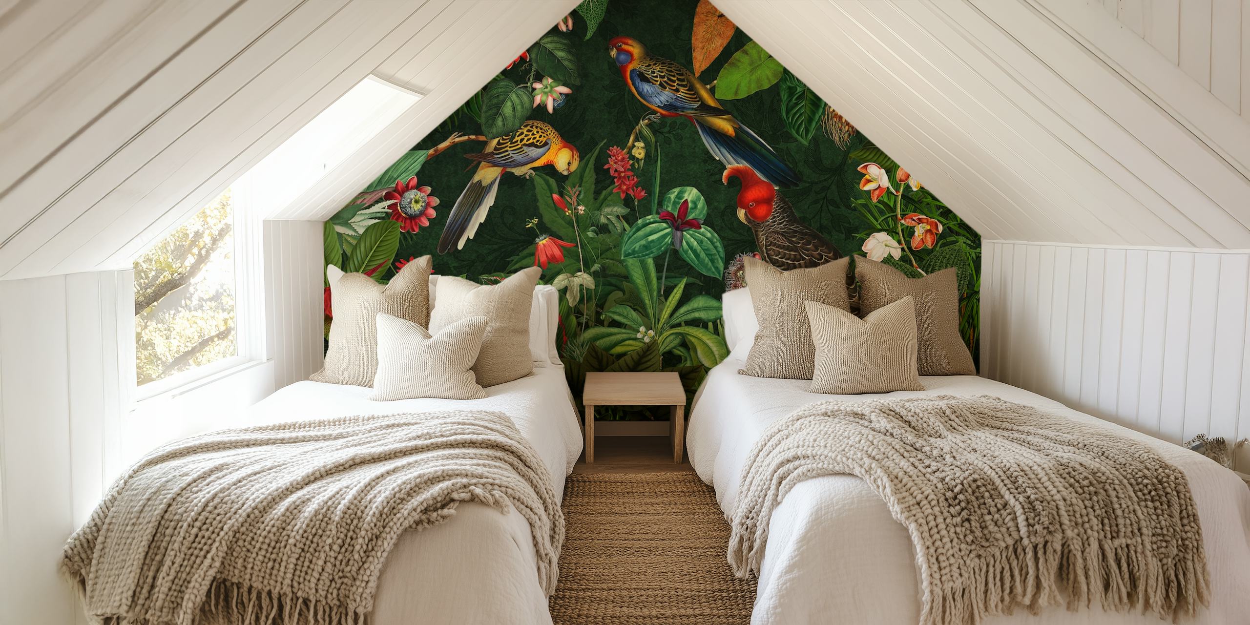 Moody botanical wallpaper with jungle birds