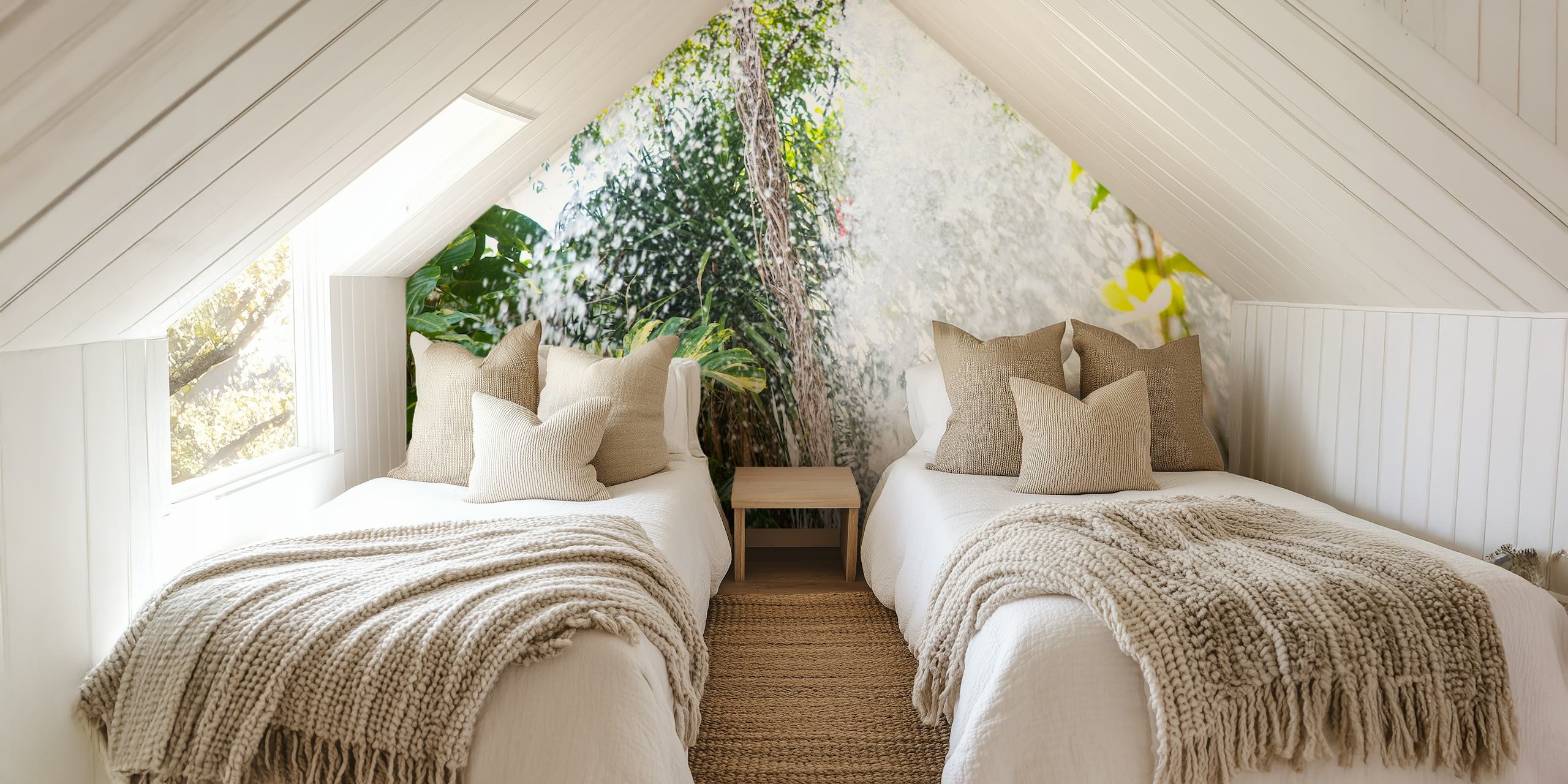 Fototapeta z bujnymi tropikalnymi liśćmi i wodospadem