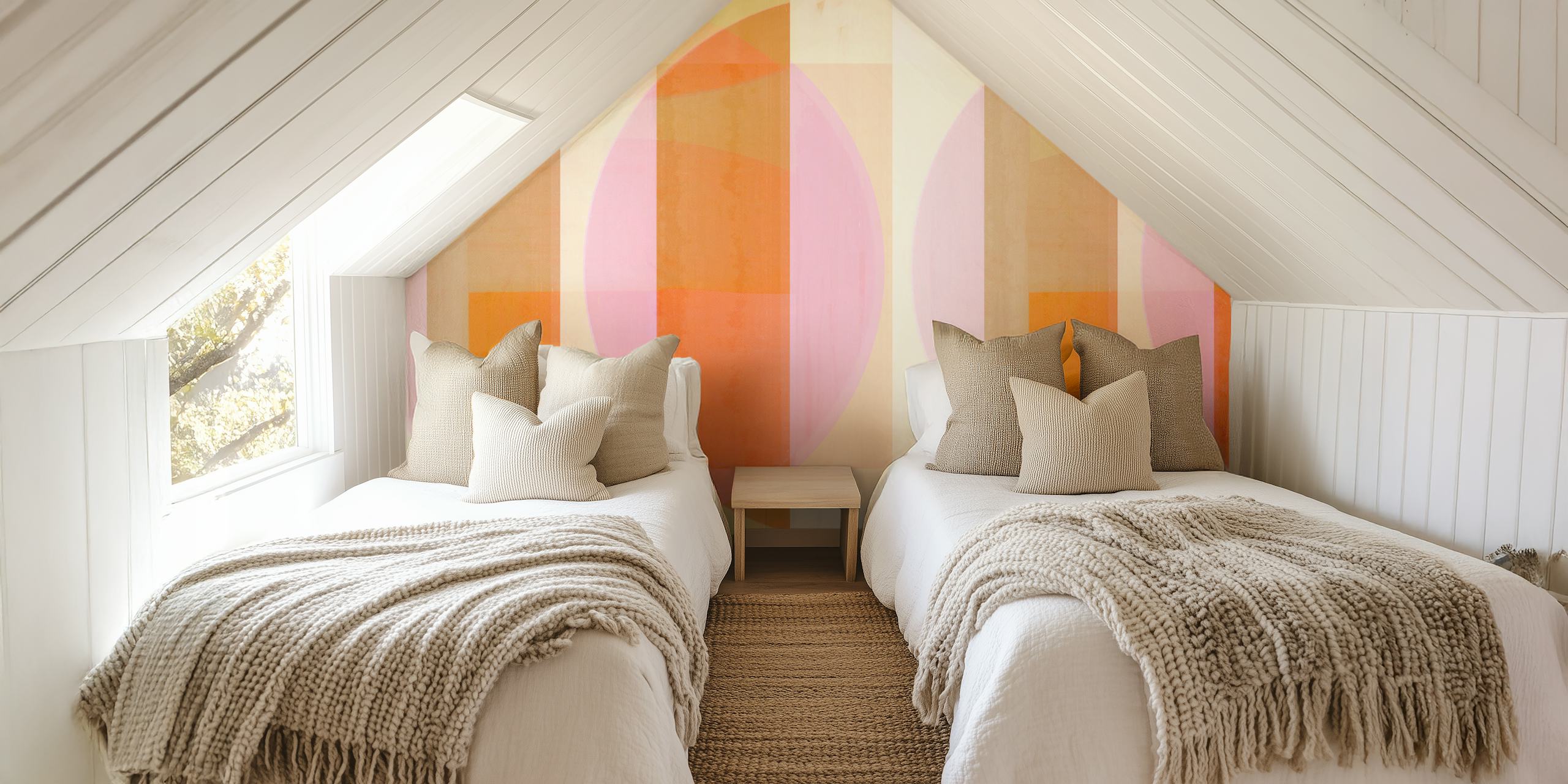 Colorful geometric abstract wallpaper with pink, orange, and muted hues.