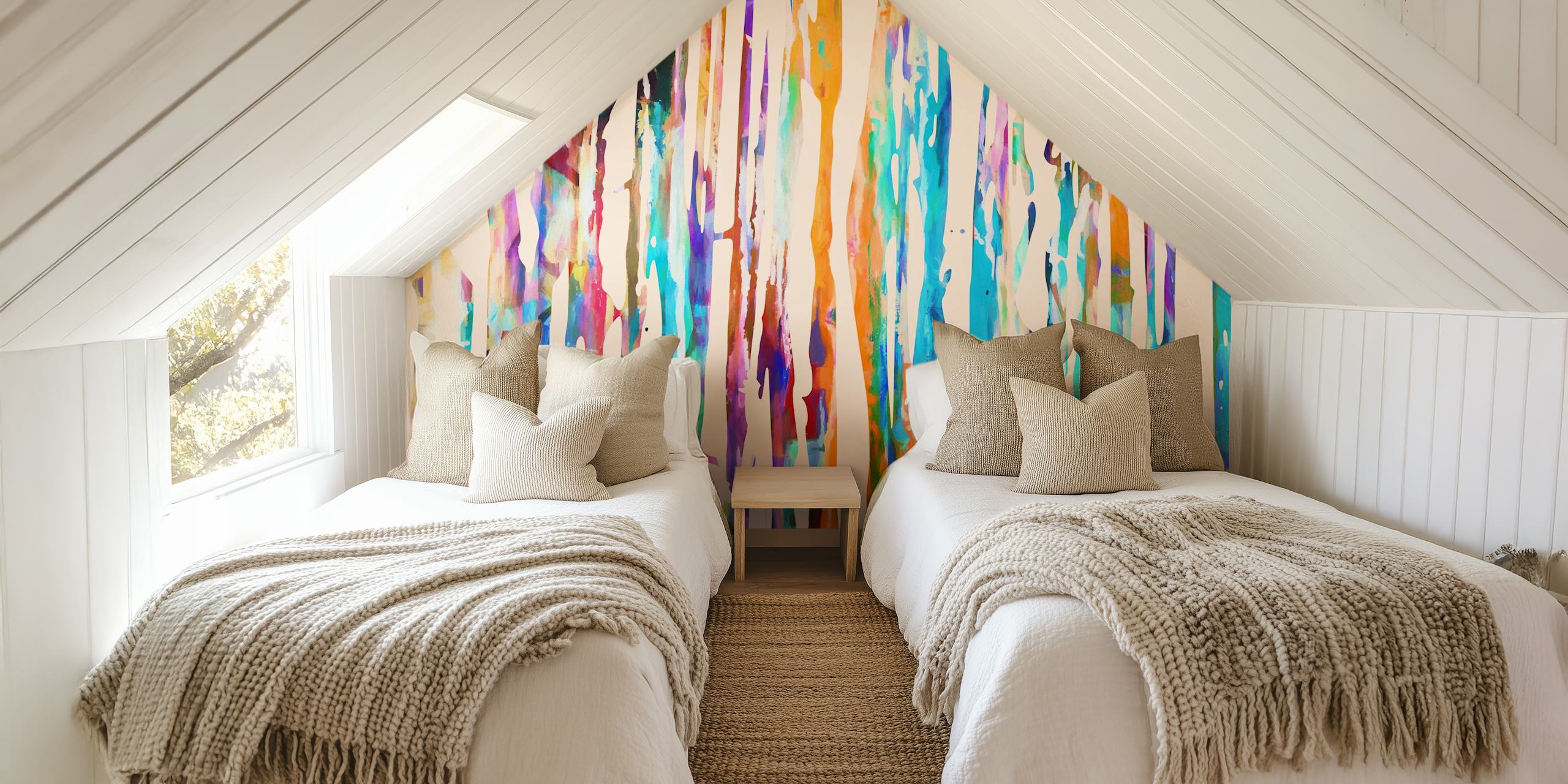 Colorful abstract striped wallpaper, featuring bright blue, orange, and pink colors.