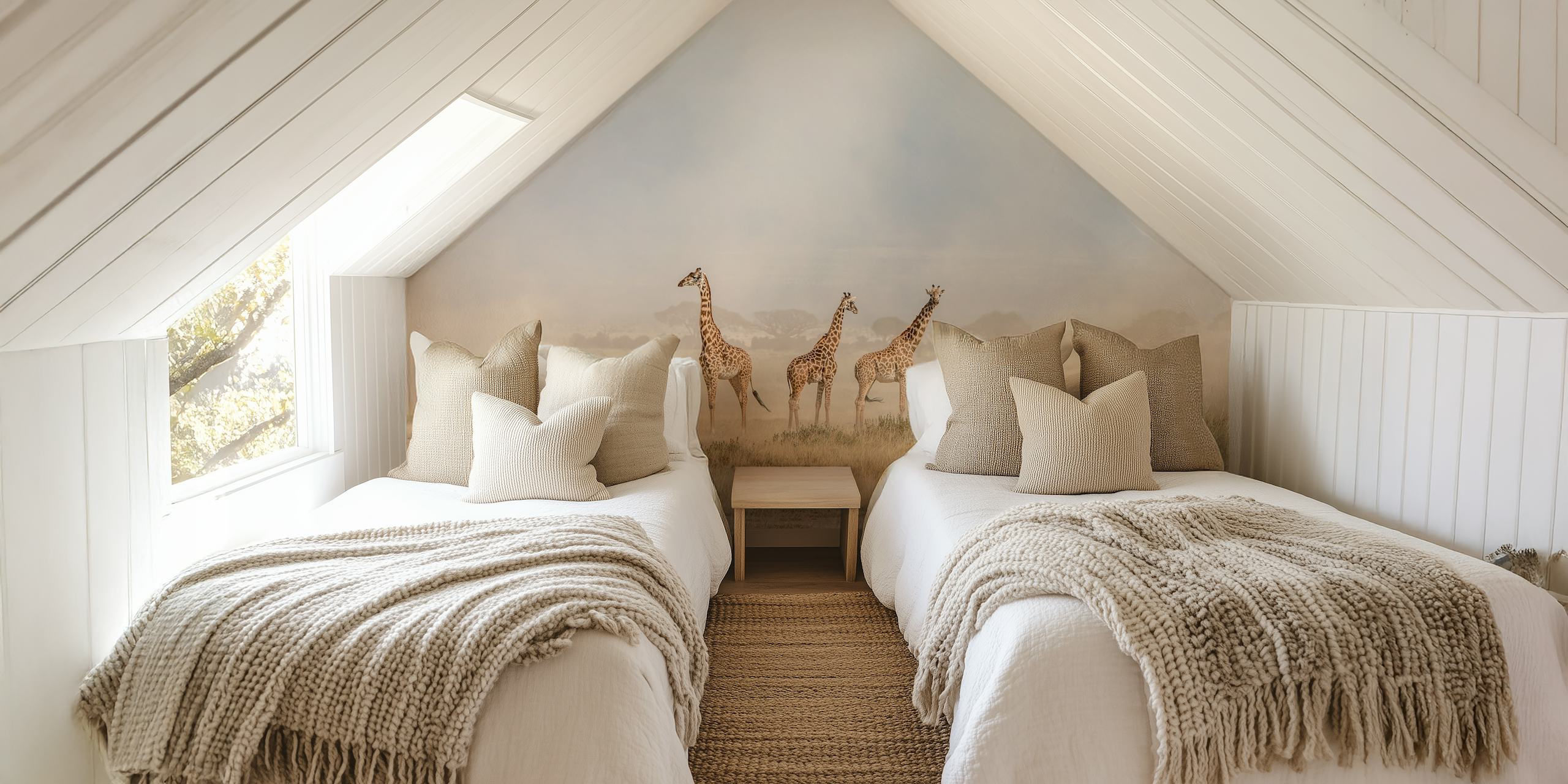 A wall mural depicting giraffes in the dusty Amboseli landscape with dust devils in the background.