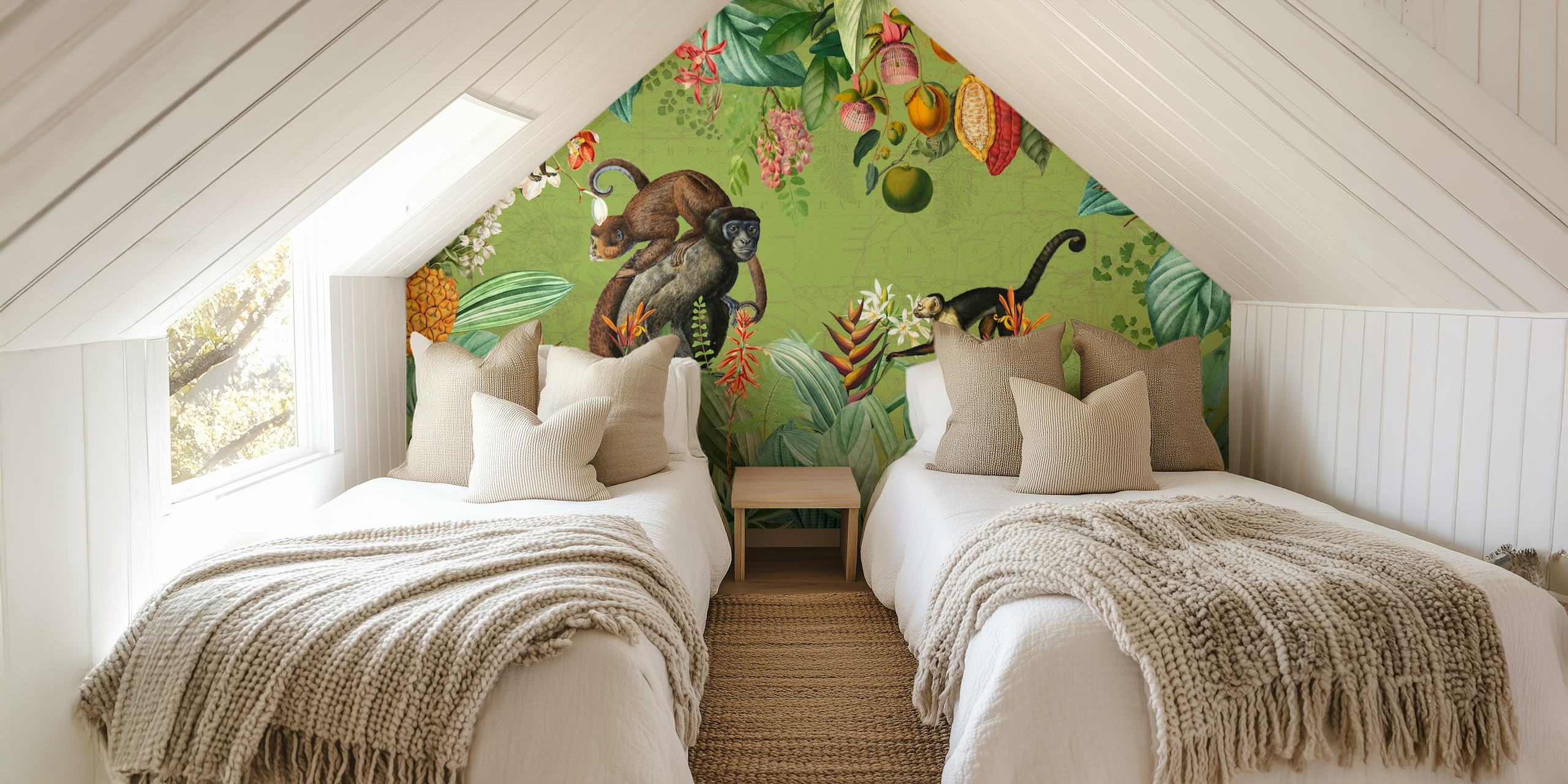 Vintage jungle wallpaper with monkeys and tropical flowers in green