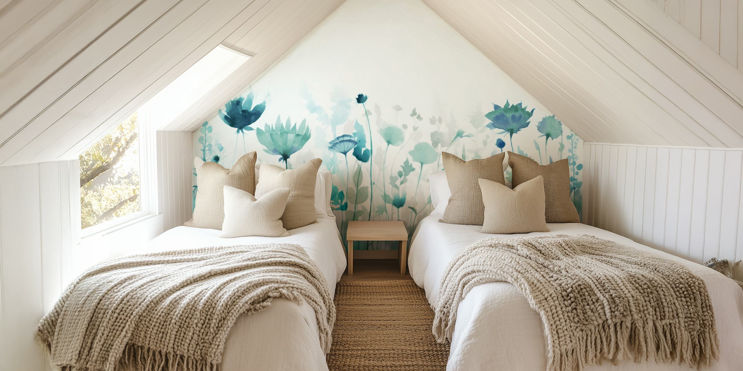 Mint green floral wall mural with a summer meadow theme