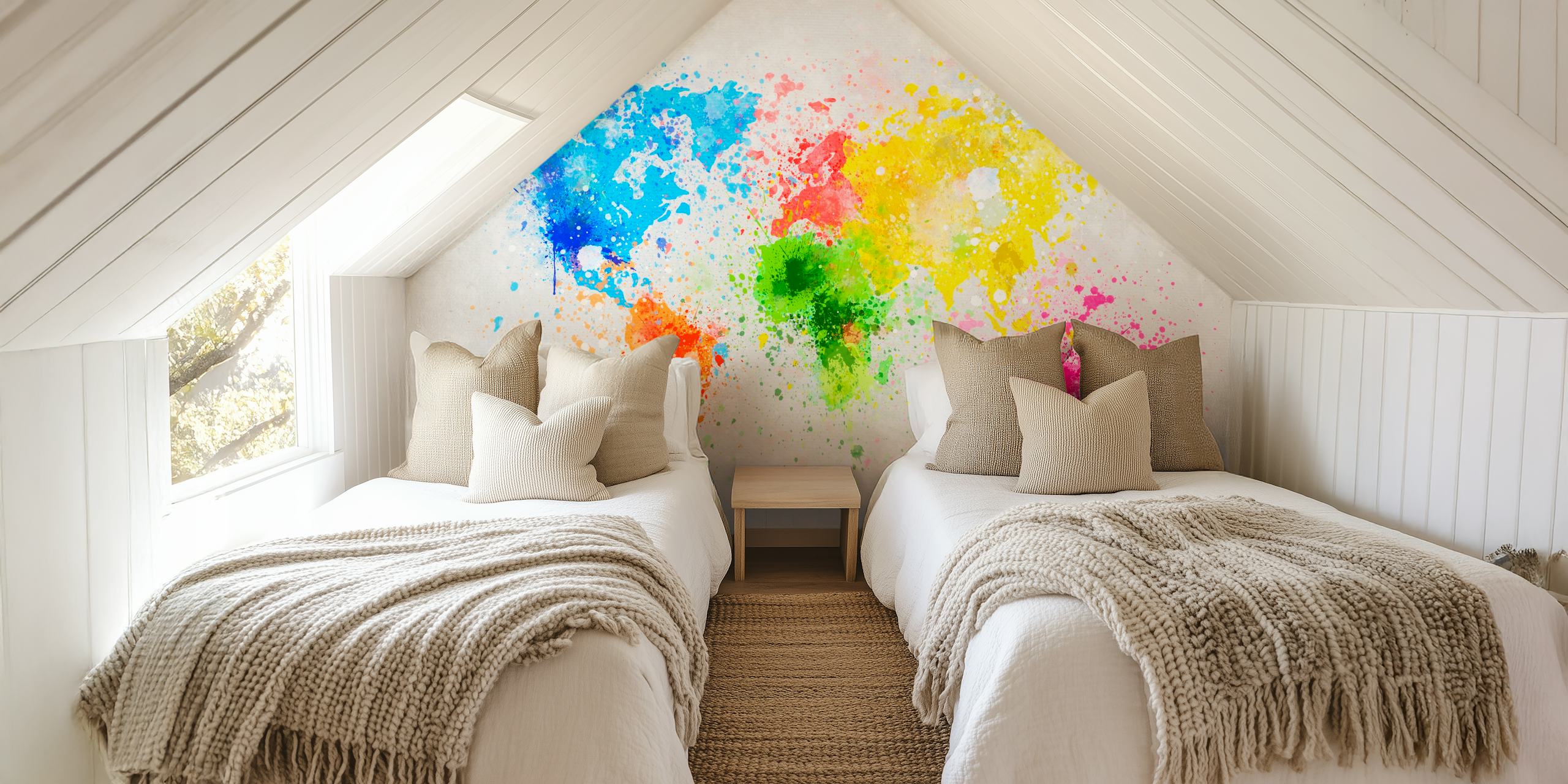 Colorful world map wall mural with splashes of paint