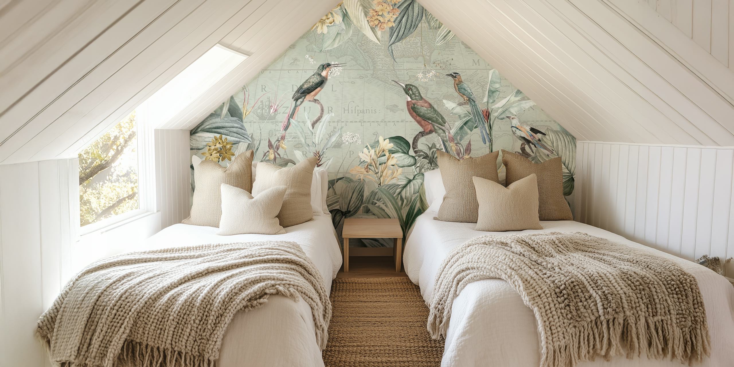 Vintage exotic birds wallpaper in a room
