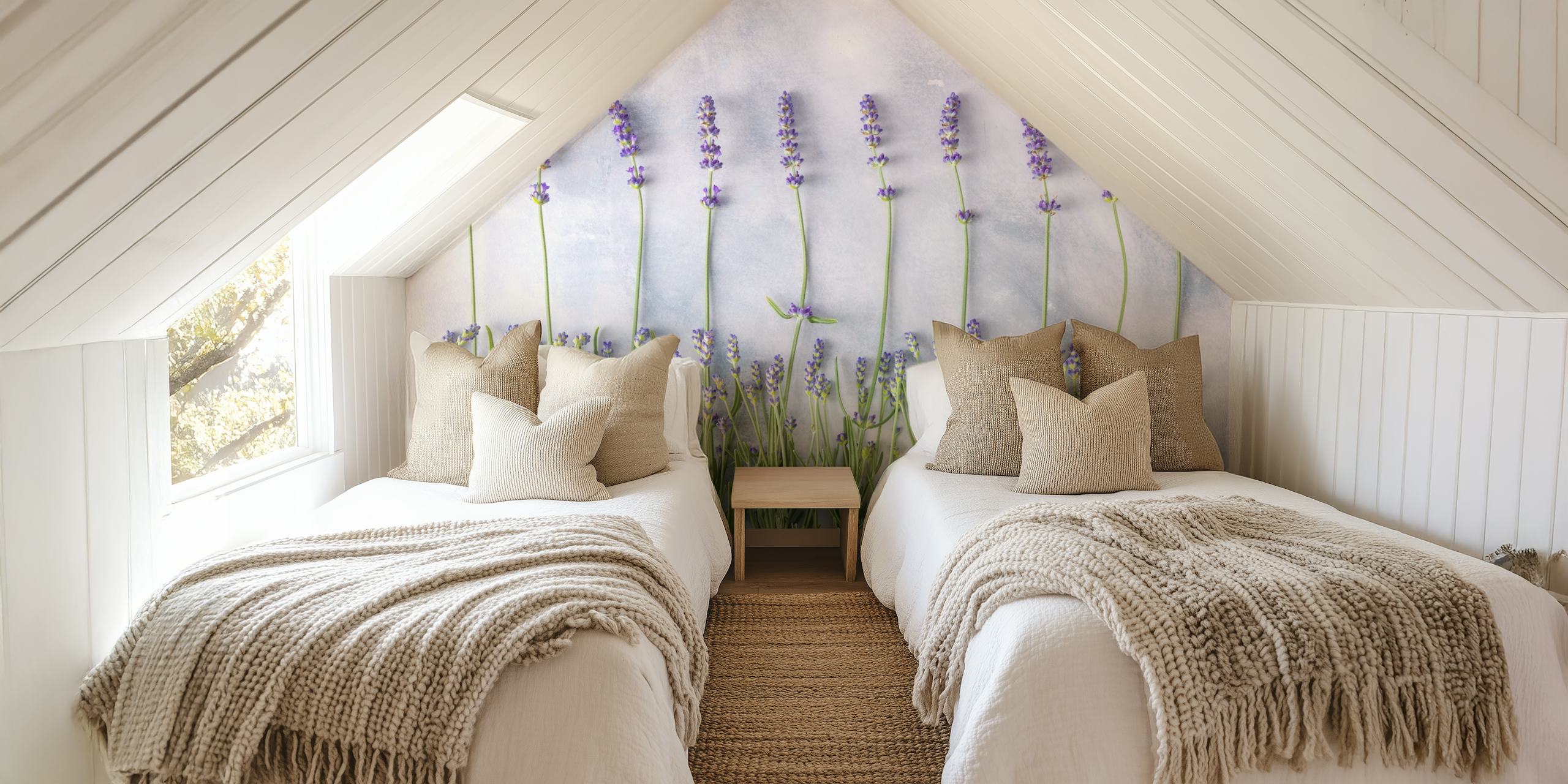 Row of lavender flowers on a soft gray background wallpaper