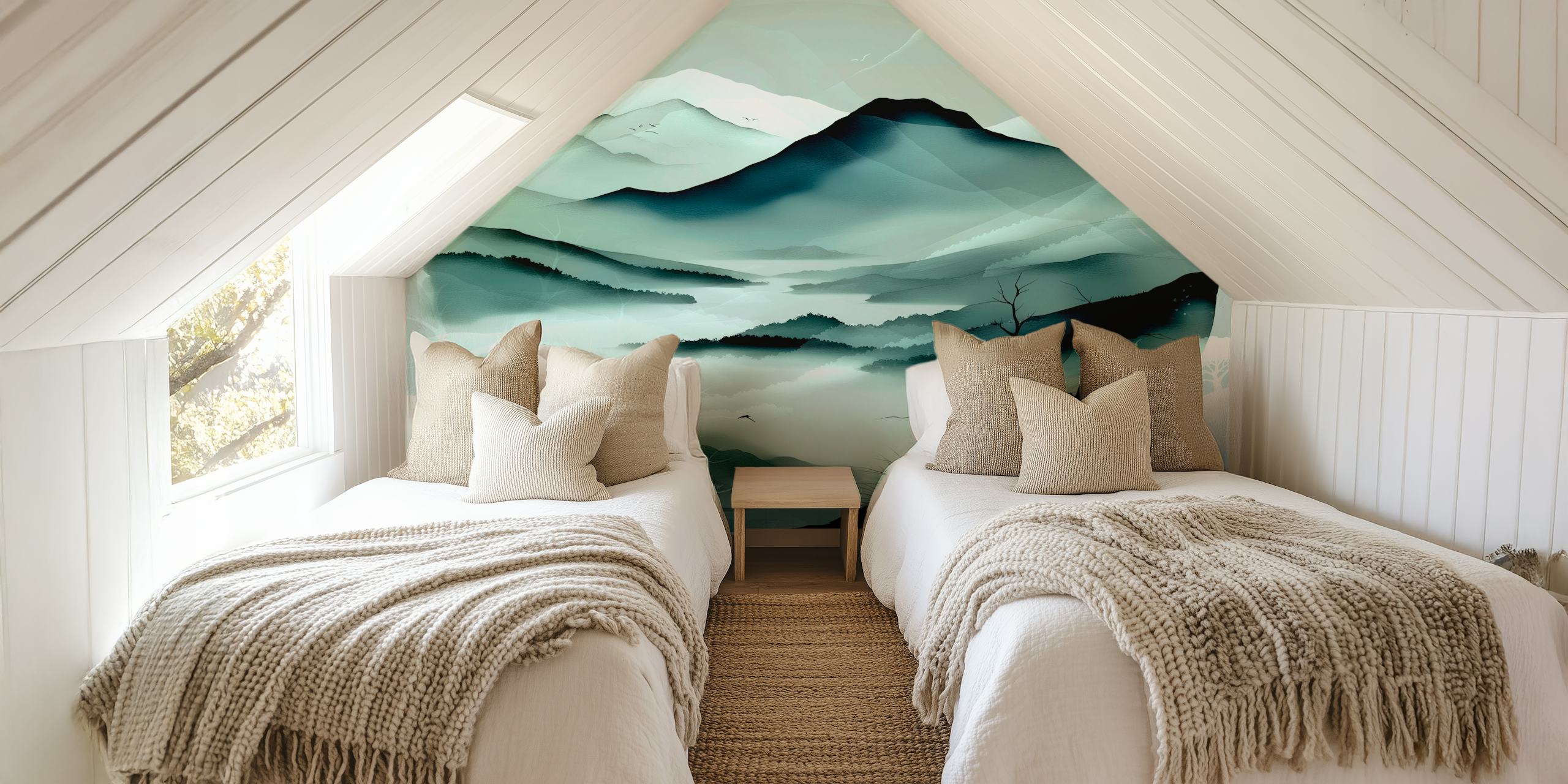 Moody mountains with mist and trees in blue and grey wallpaper