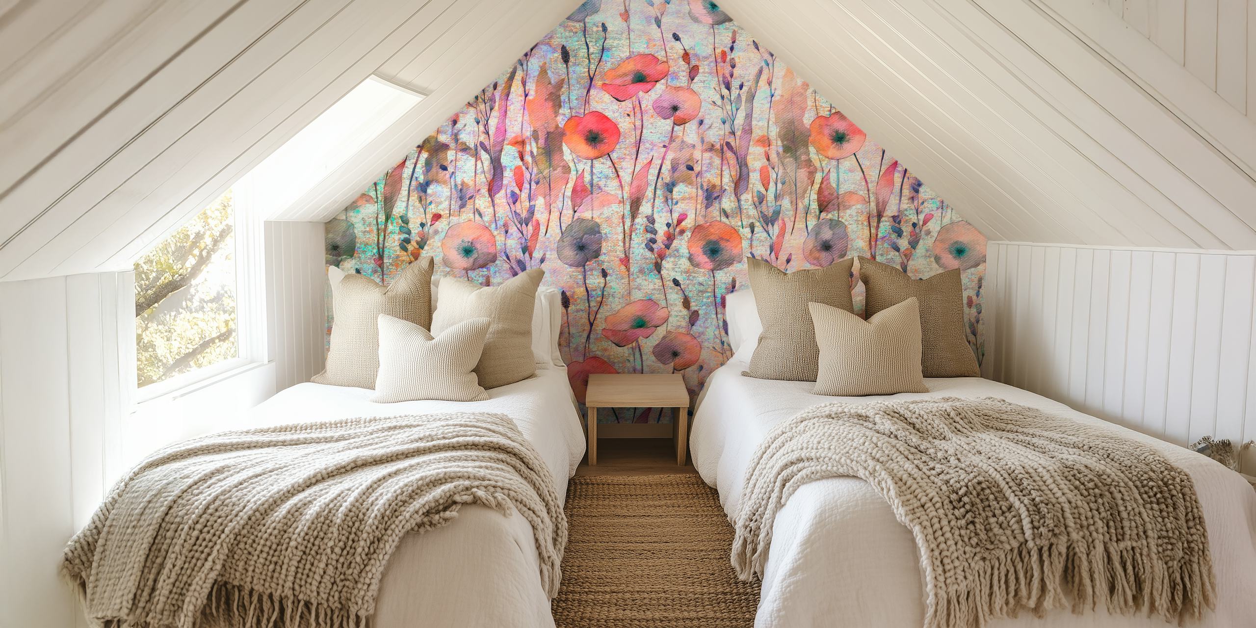 Papier peint Poppy Spring Meadow avec des couleurs pastel douces et des fleurs de pavot vibrantes évoquant une atmosphère sereine de prairie