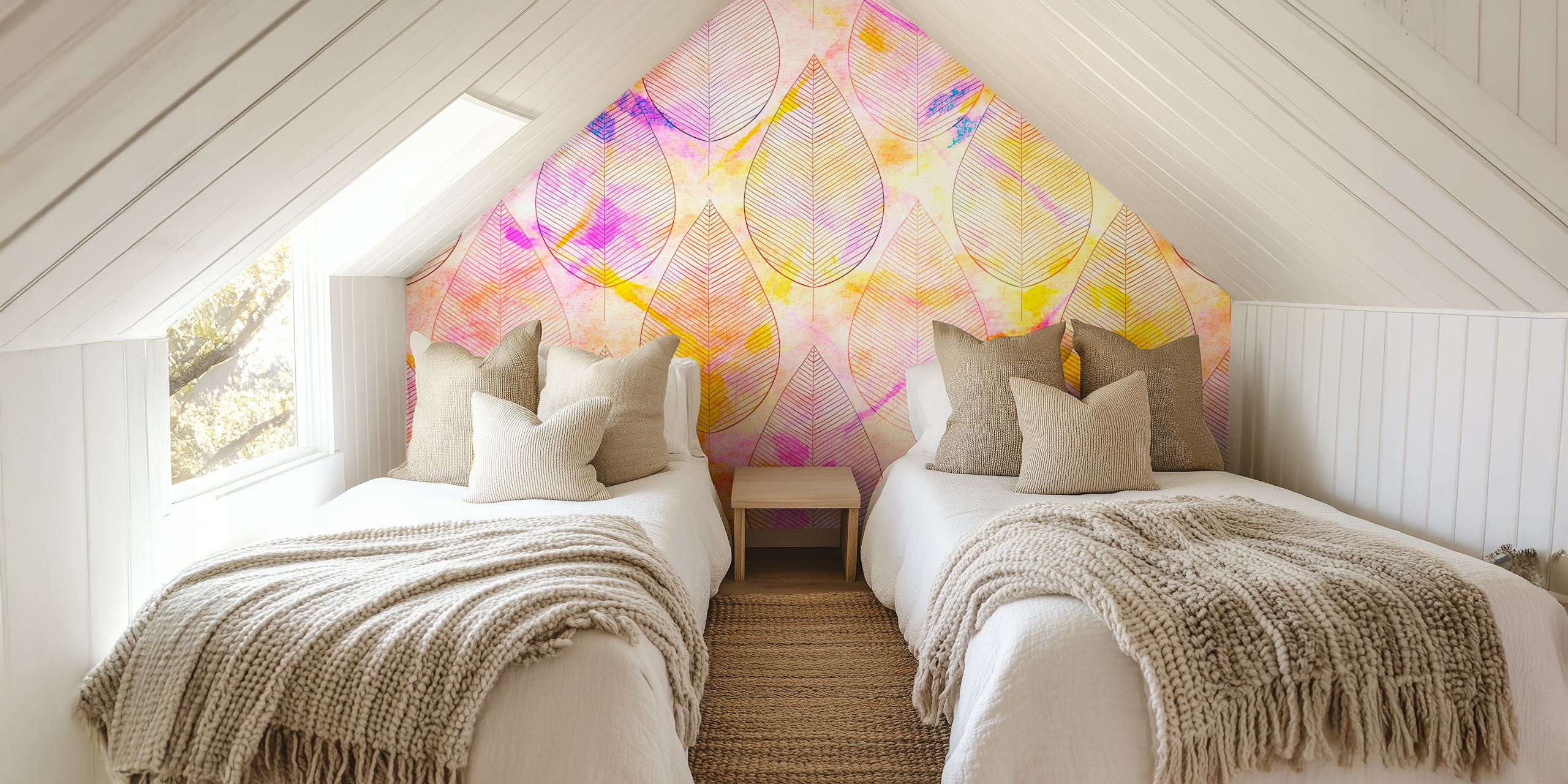 Pink and yellow watercolor leaf patterns wallpaper