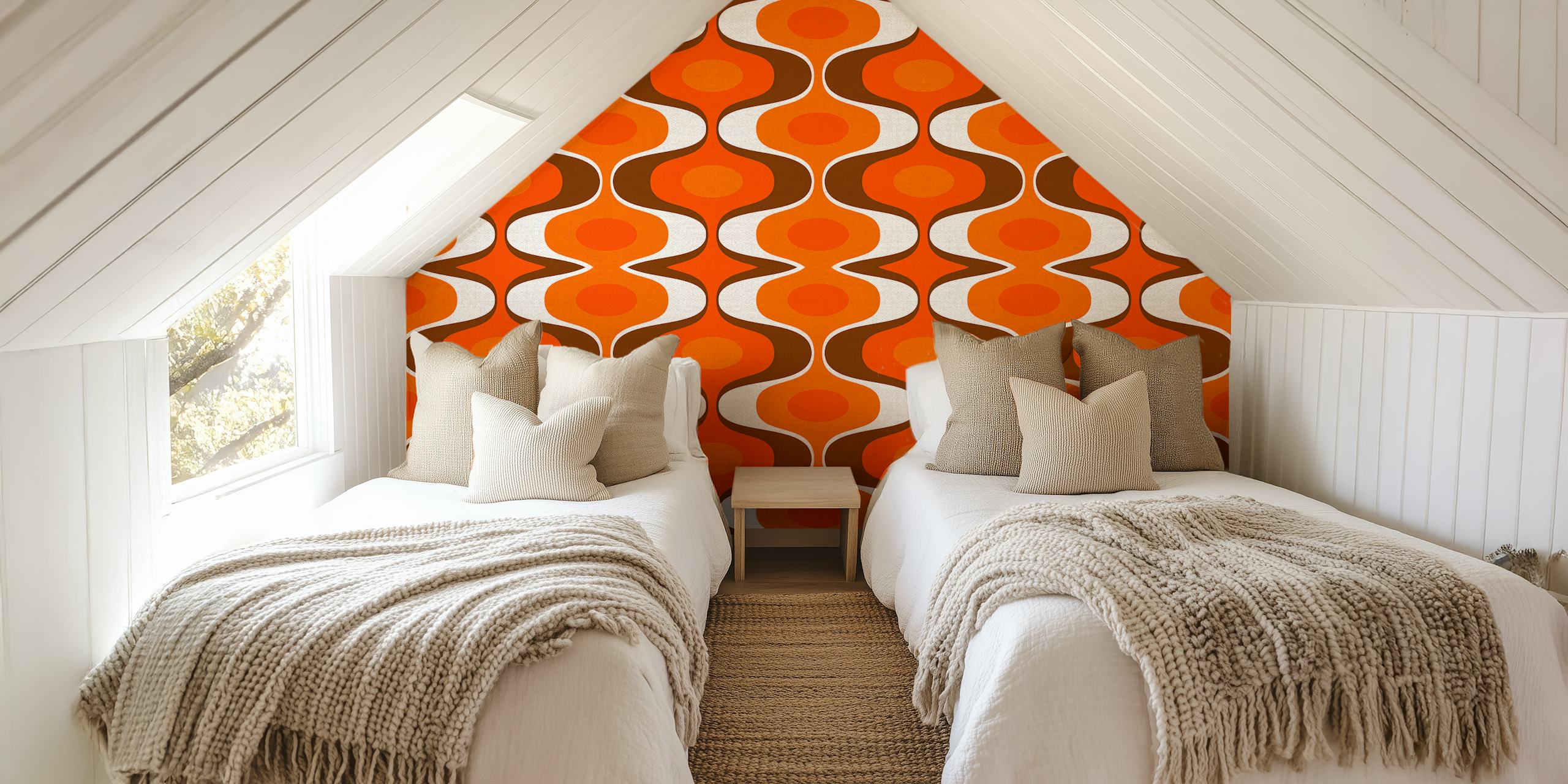 Vintage-inspired wall mural with a 70s retro groovy pattern in orange and brown colors.