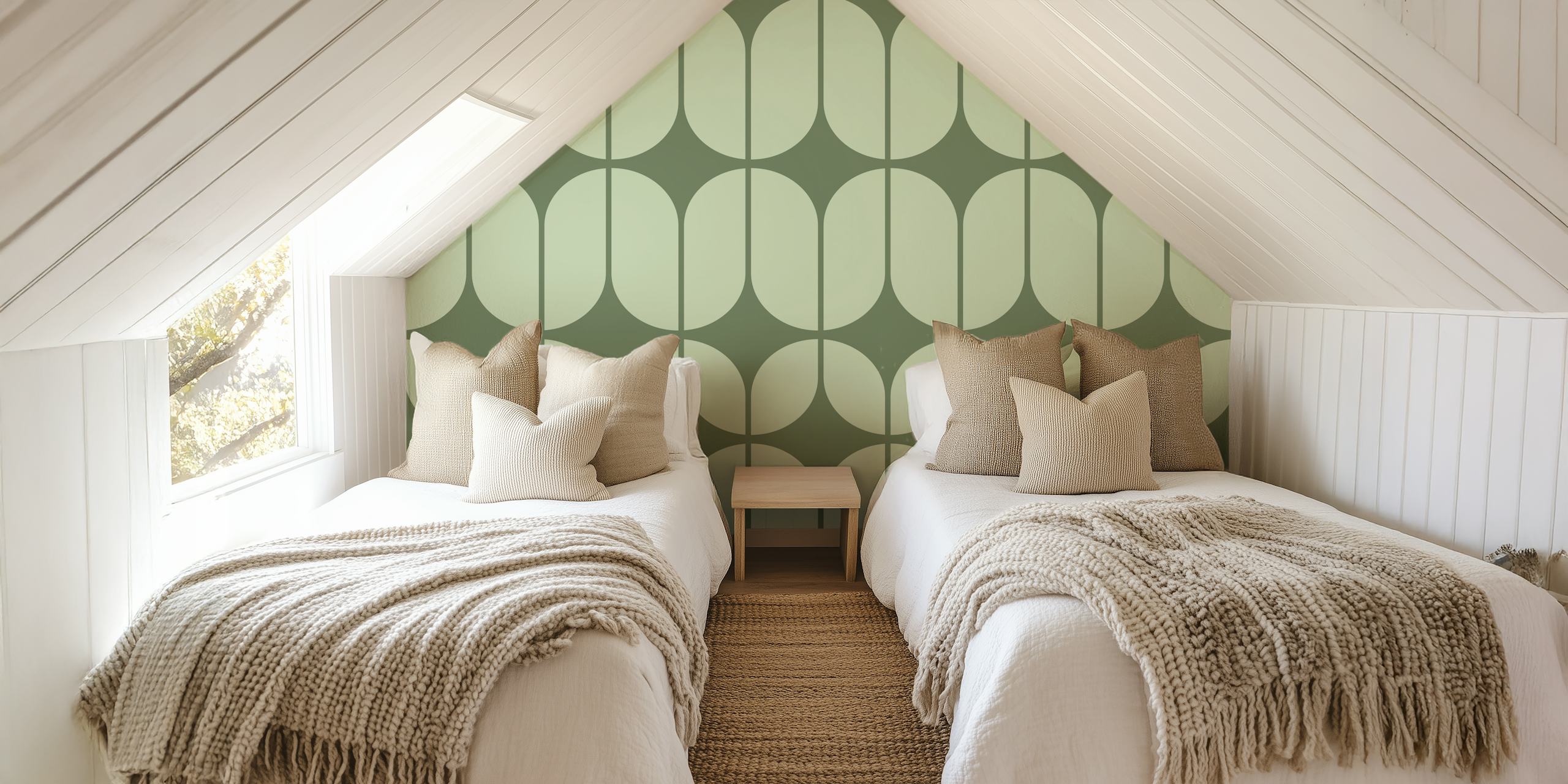 Papel de parede Sage Bauhaus Art em um ambiente de quarto.