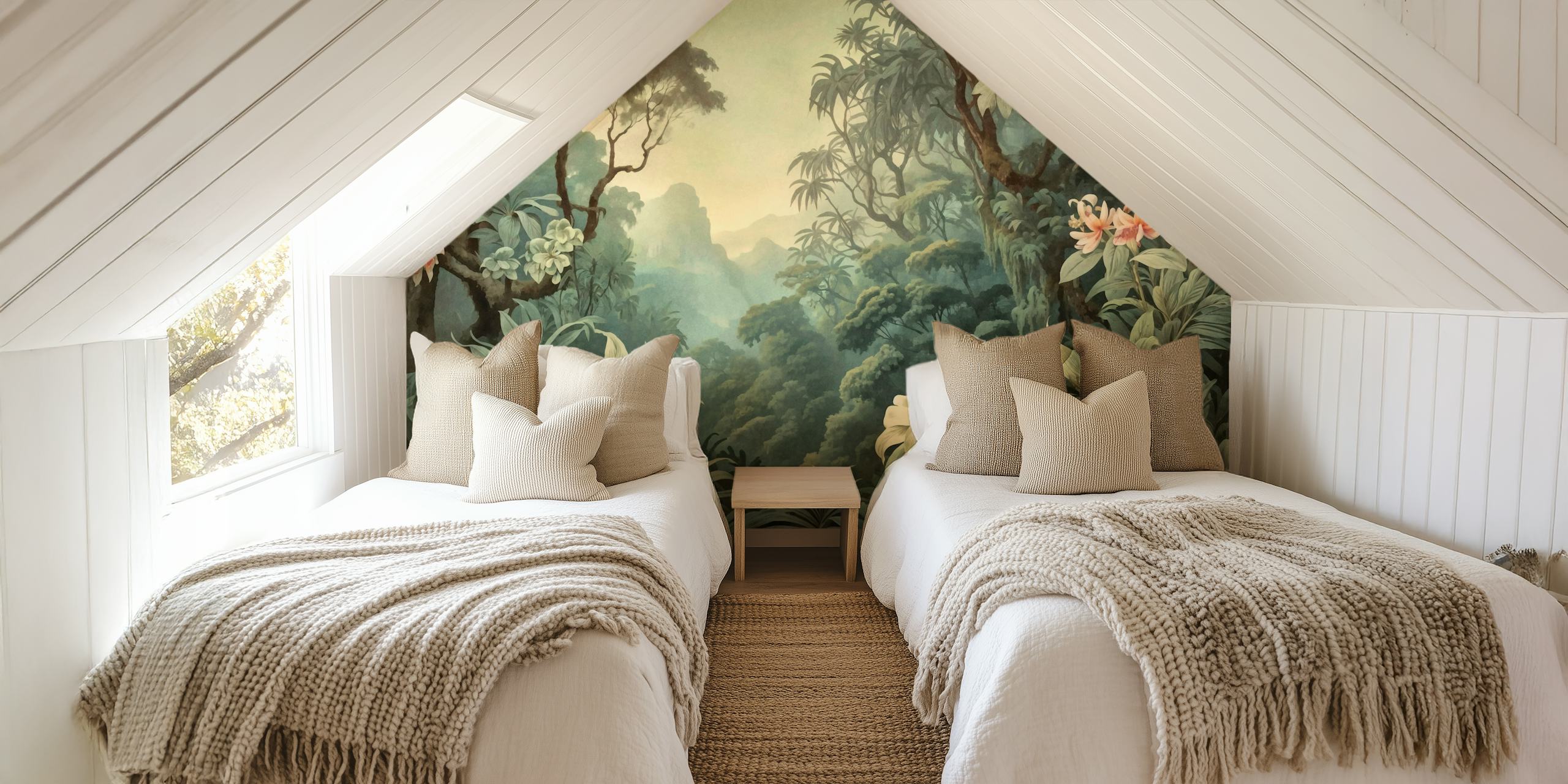 Tropical rainforest wall mural with lush greenery and florals