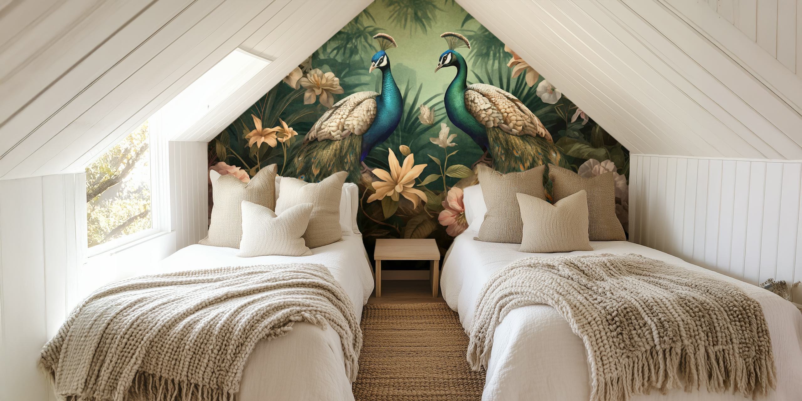 Wall mural of two peacocks in a floral jungle garden with intricate flowers and leaves.