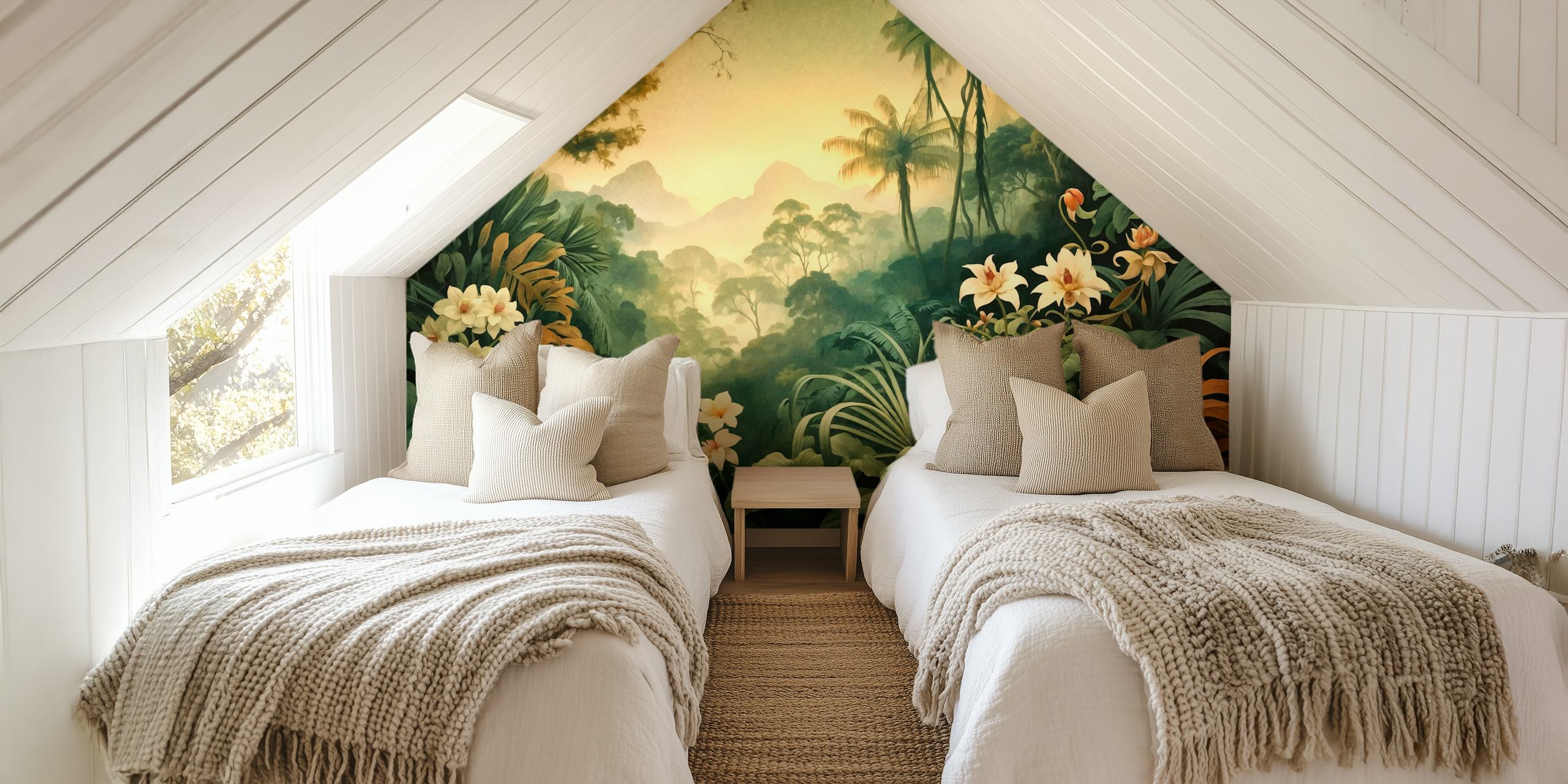 Lush green palm trees and flowers in tropical sunset wallpaper
