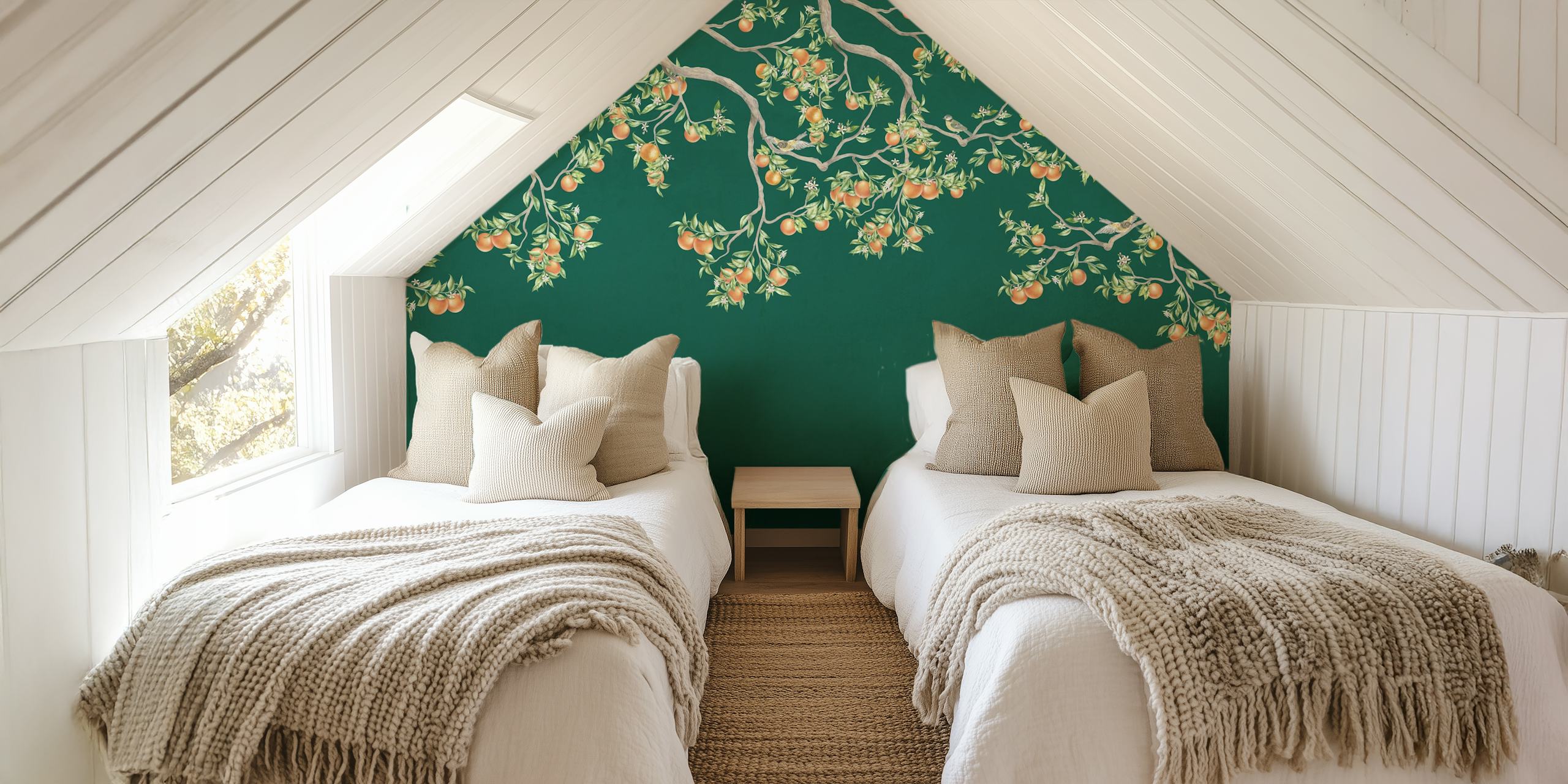 Dark emerald background with sprawling tangerine blossom pattern wall mural.