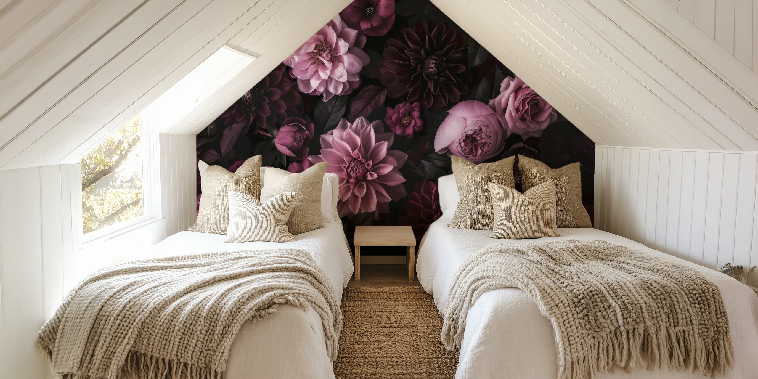 Diseño de papel tapiz Dark moody pink dahlias y peonies