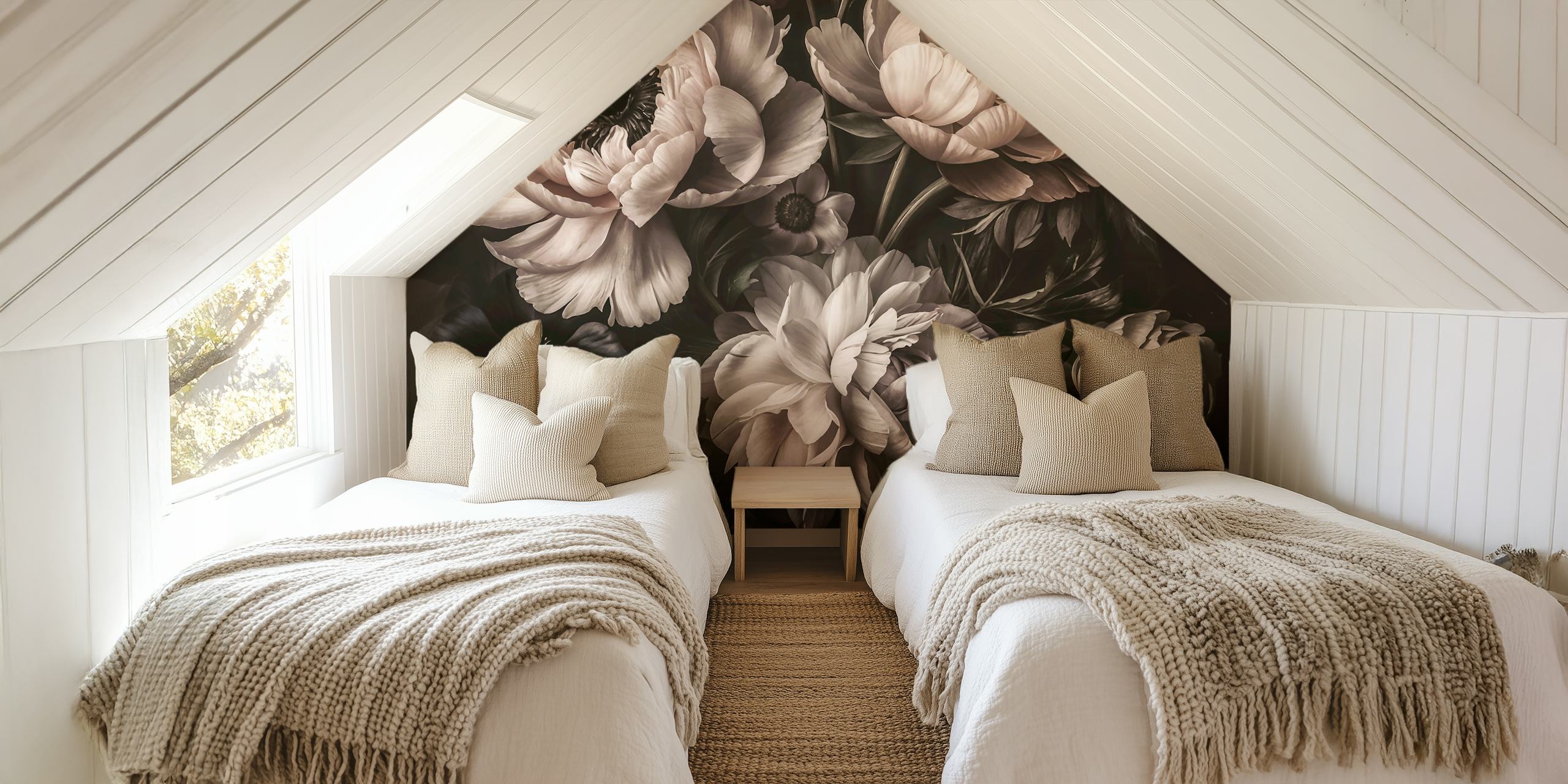 Fond floral noir avec des fleurs roses et blanches, style maximaliste wallpaper