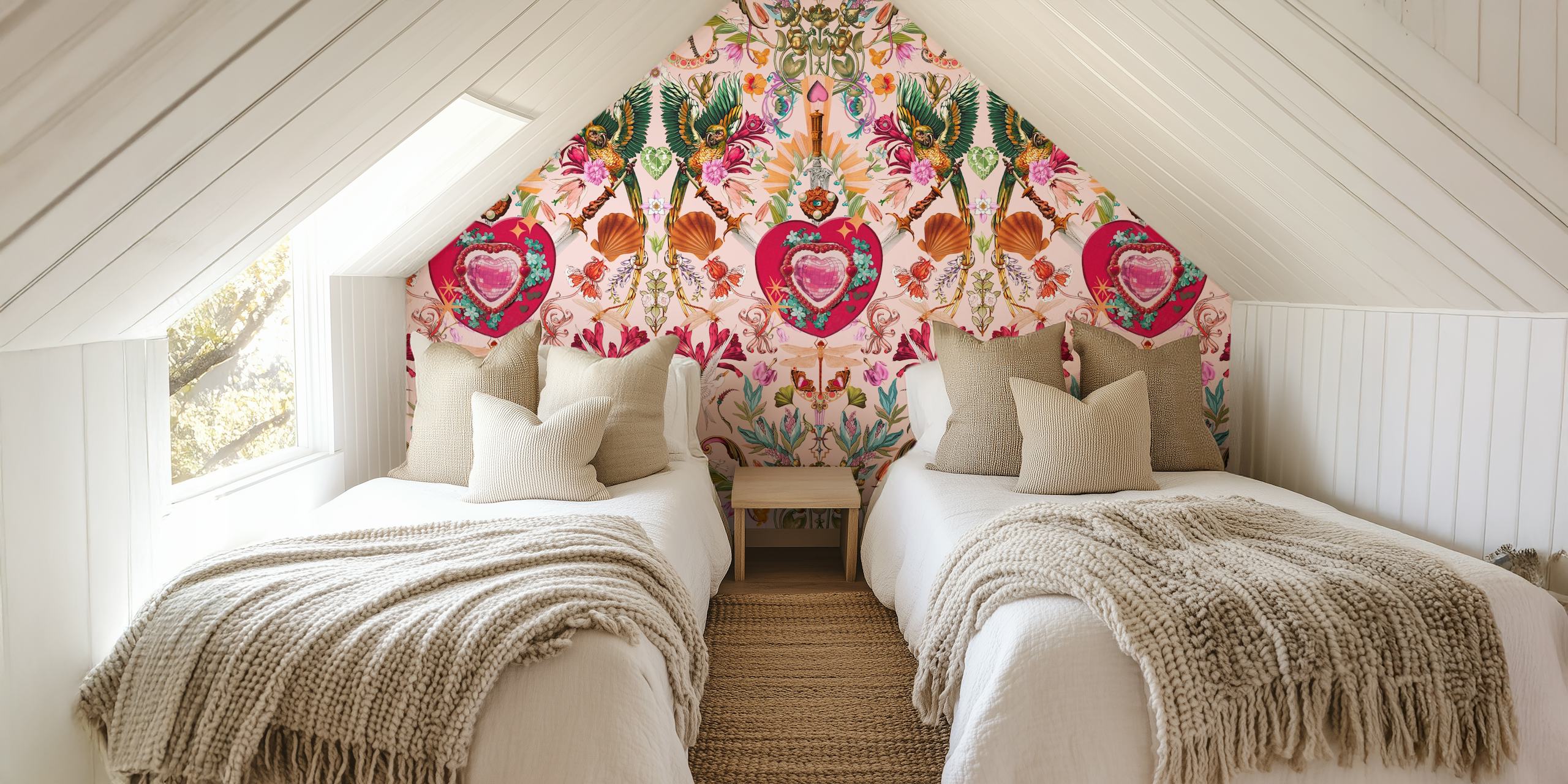 Vibrant floral and heart pattern in pinks and greens wallpaper