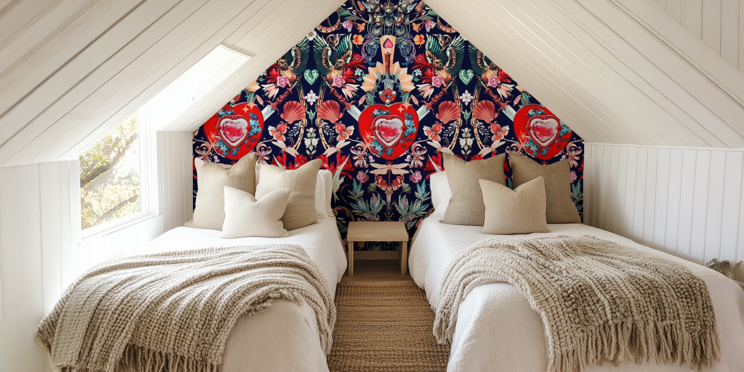 Floral heart pattern in vibrant colors on navy background wallpaper