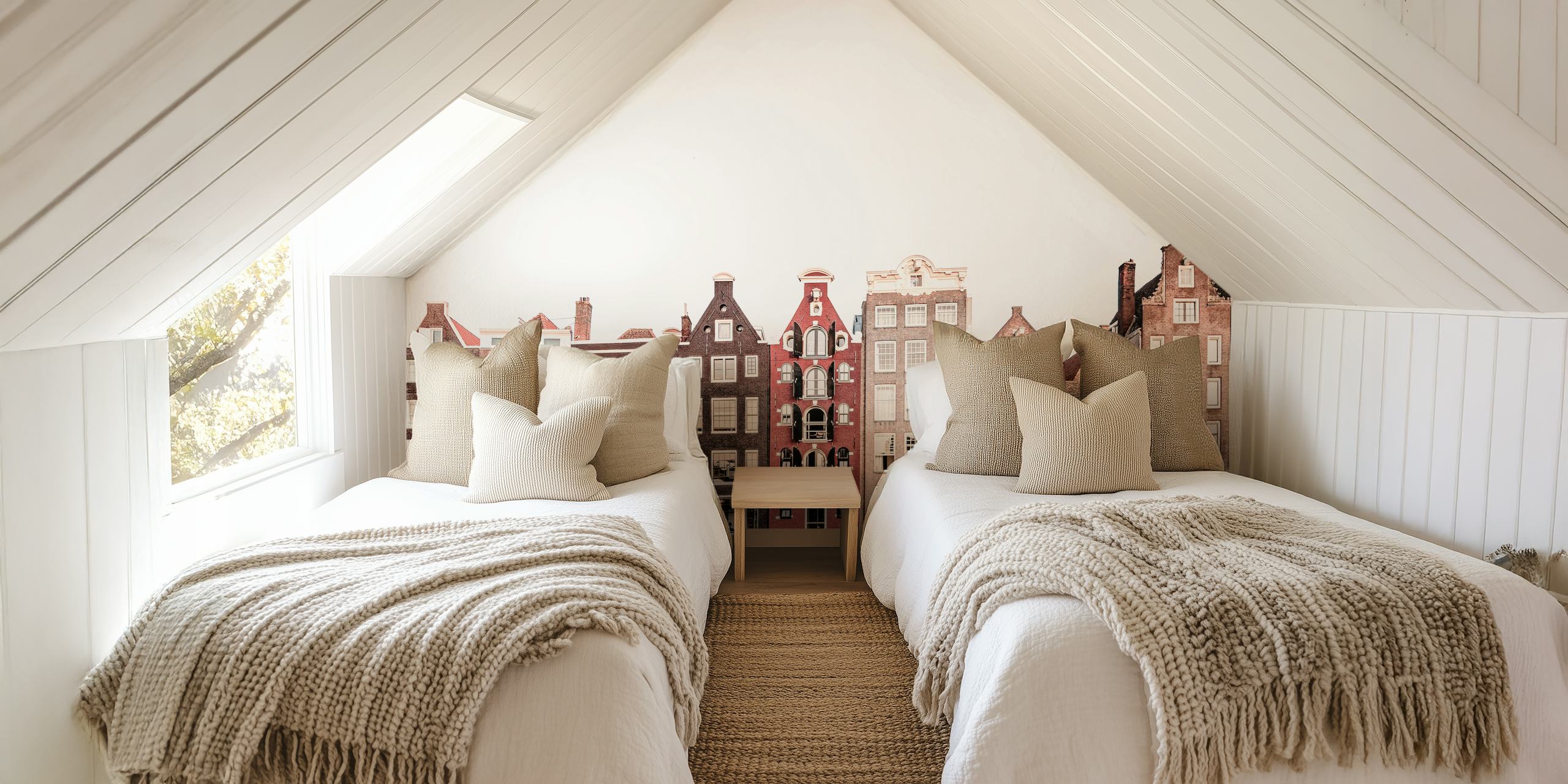 Row of Dutch houses with neutral tones and varied architecture wallpaper