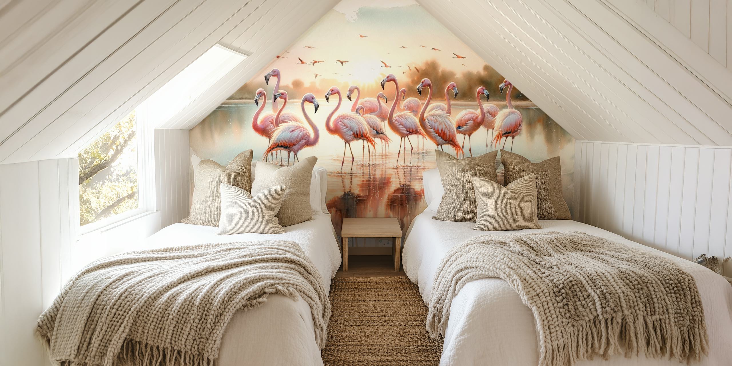 Pink flamingos in a serene lake setting, pastel colors, watercolor style wallpaper