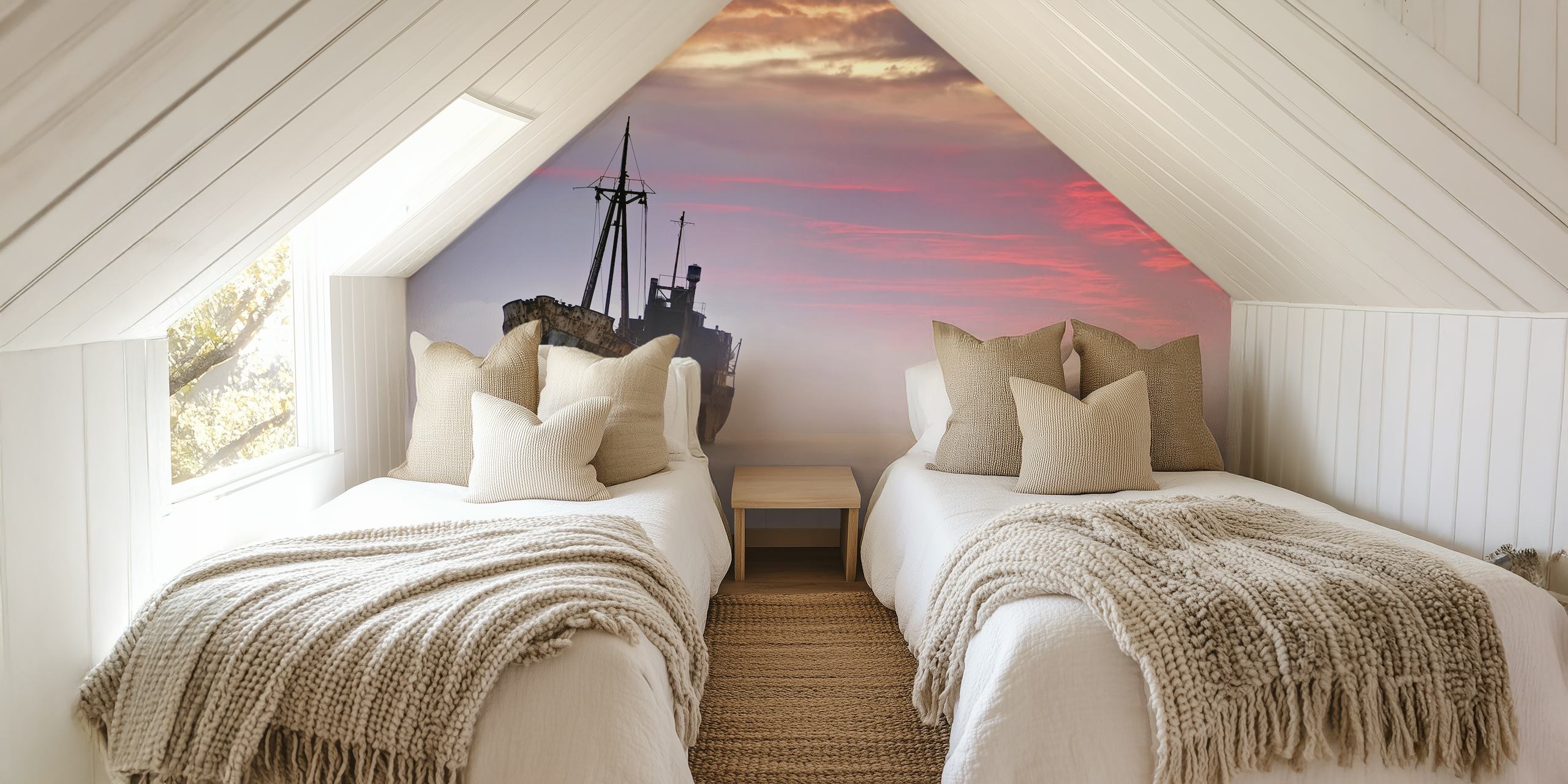 Shipwreck in ocean mist under purple and orange sky wallpaper