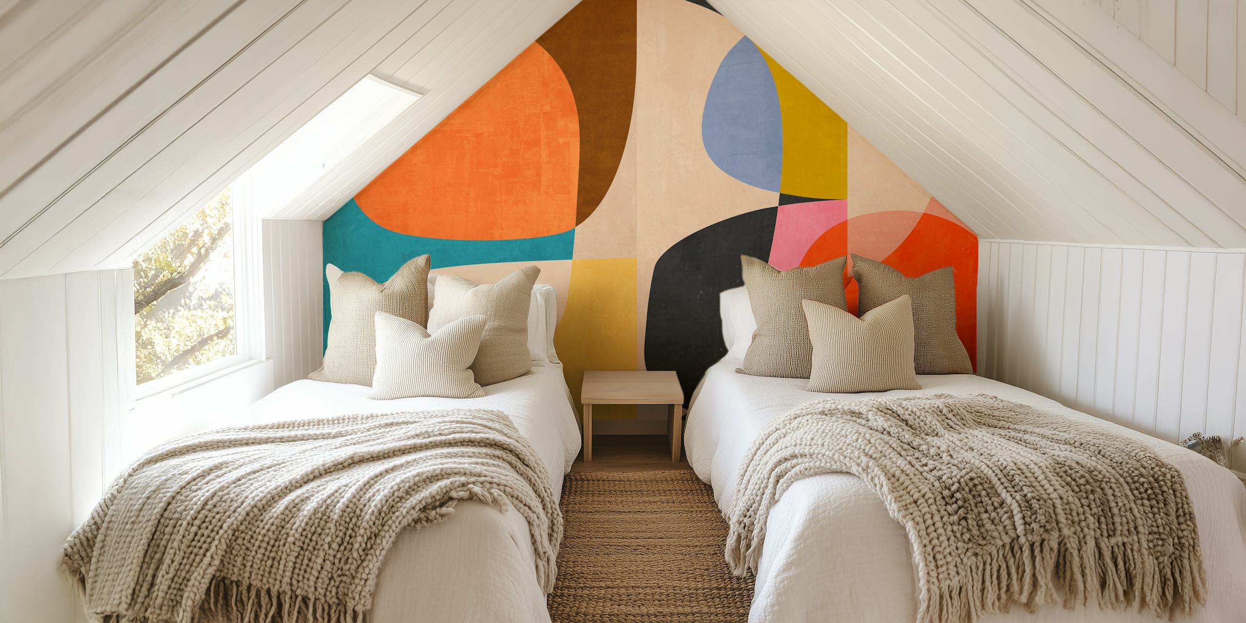 Colorful abstract rounded shapes in orange, pink, blue, and black wallpaper