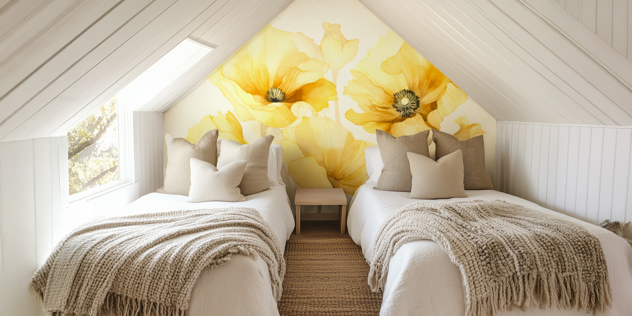 Gule valmueblomster på et lyst baggrundsvægmaleri