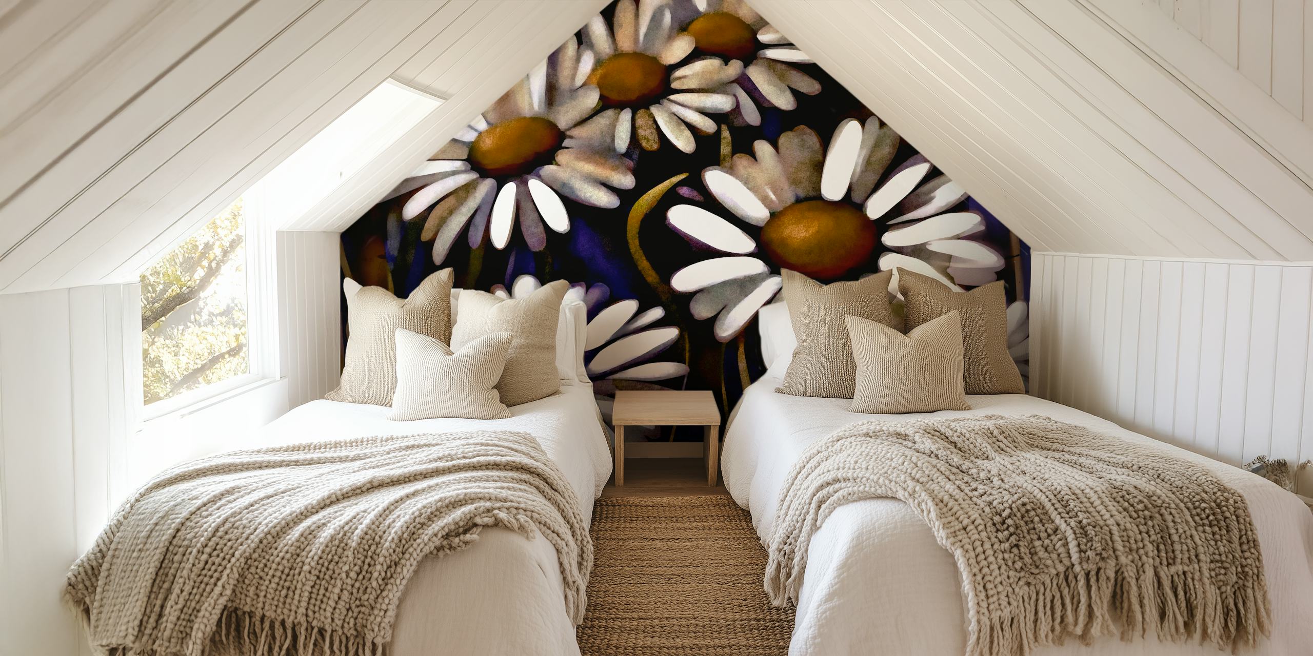 Close-up image of dark, moody daisies with a deep color contrast for wall mural